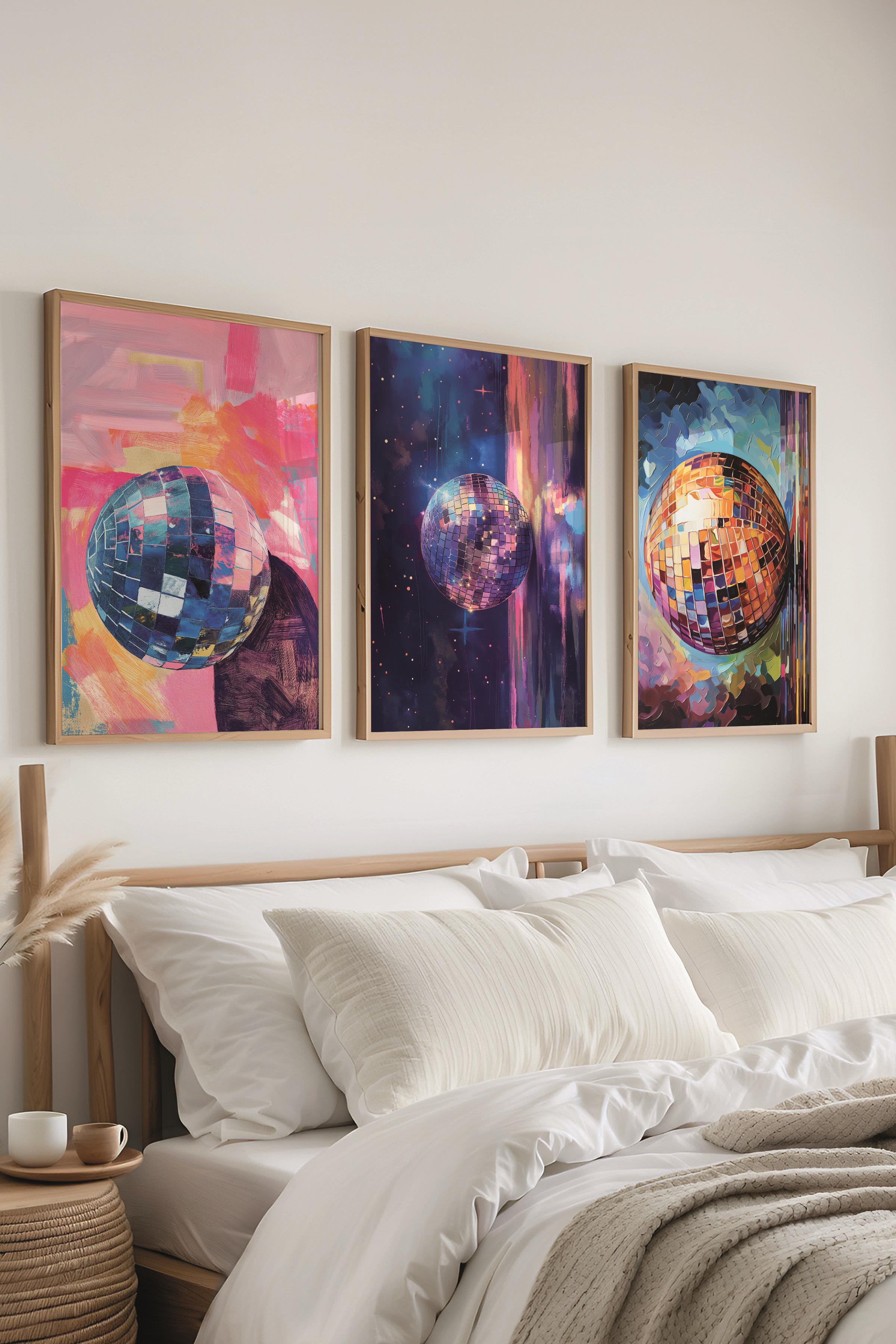 Ahşap Çerçeveli Tablo Seti, Disko Topu Maximalist Duvar Tablosu, 3 Adet Poster Seti, No:300796