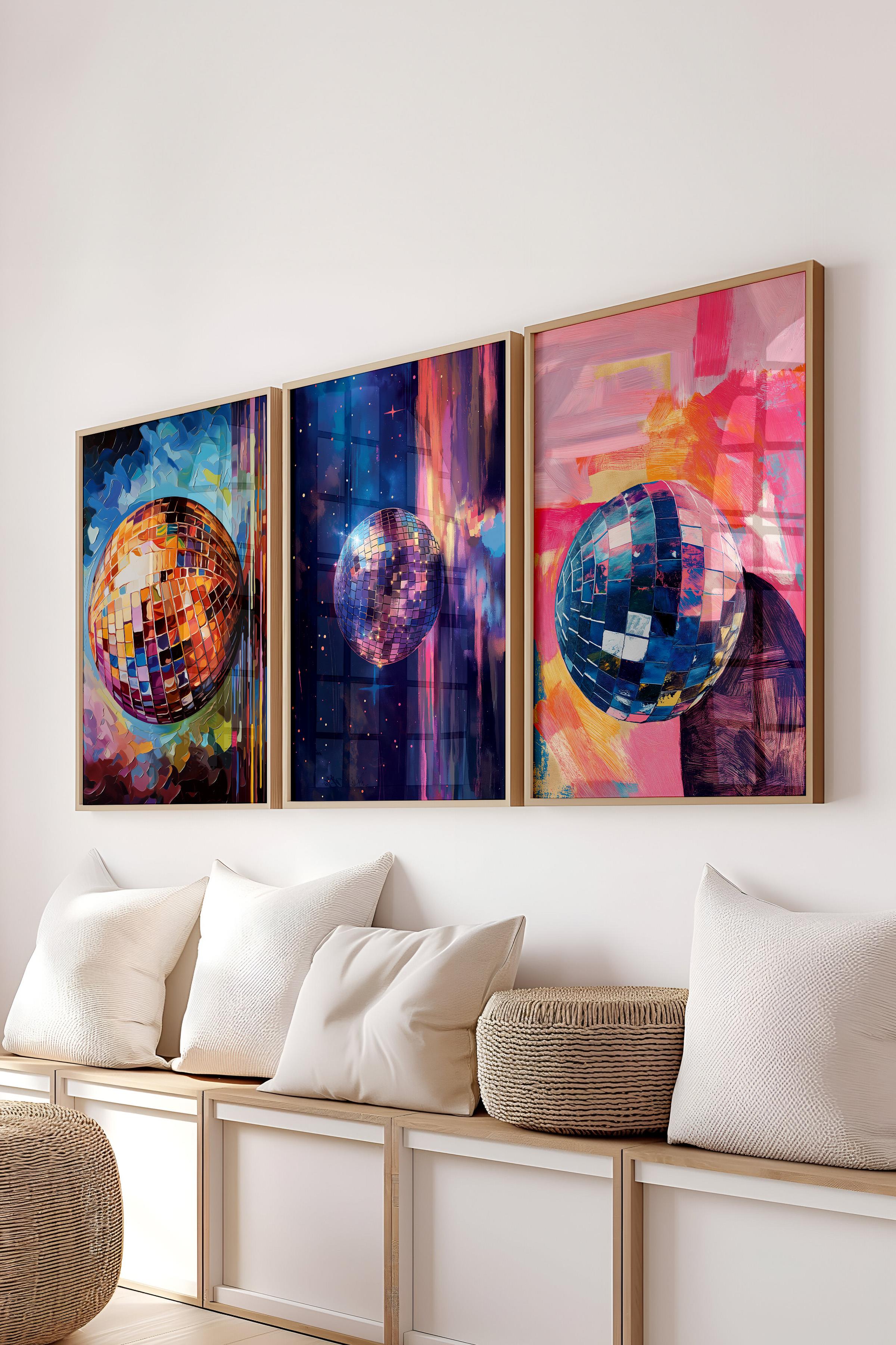 Ahşap Çerçeveli Tablo Seti, Disko Topu Maximalist Duvar Tablosu, 3 Adet Poster Seti, No:300796