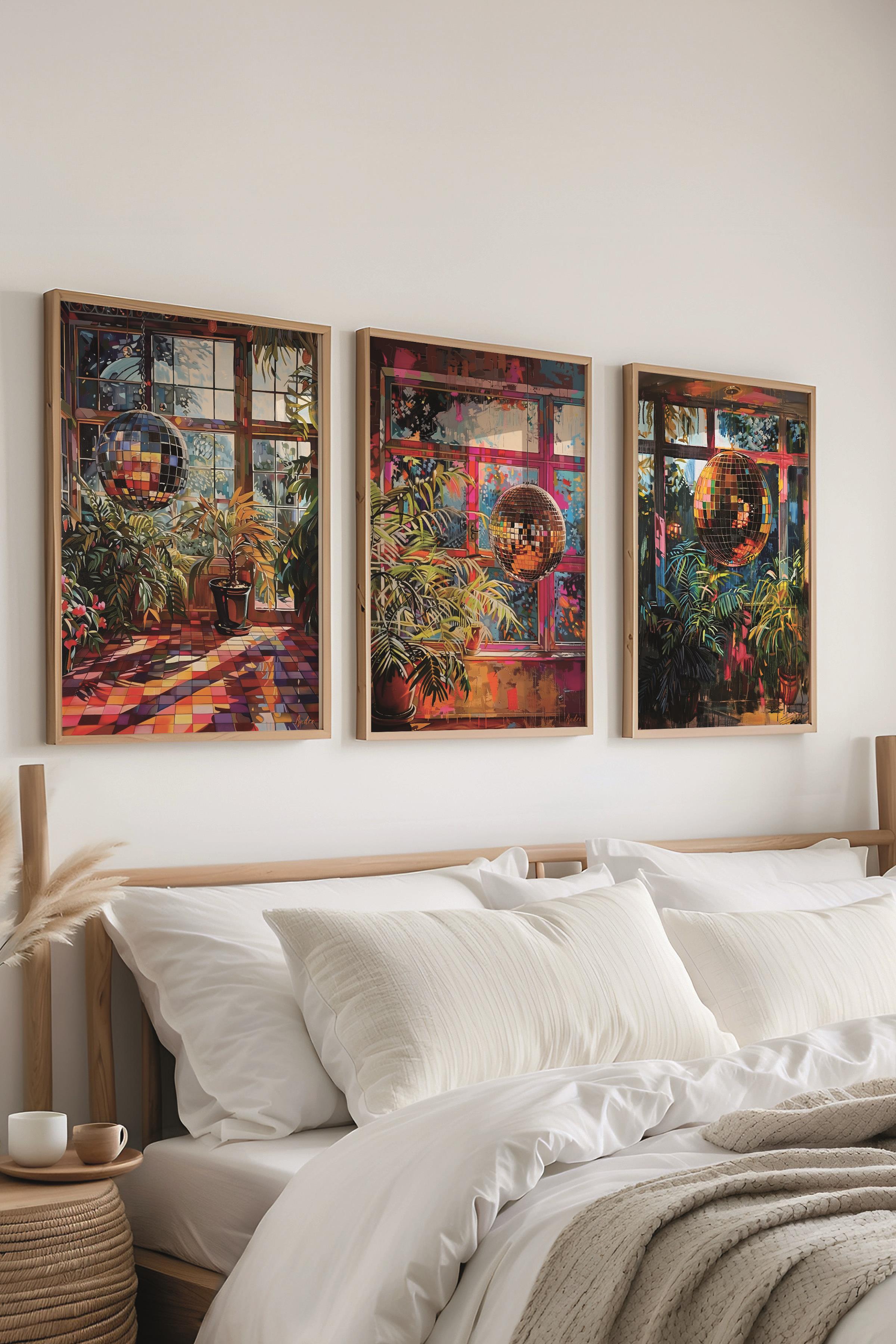 Ahşap Çerçeveli Tablo Seti, Disko Topu Maximalist Duvar Tablosu, 3 Adet Poster Seti, No:300797