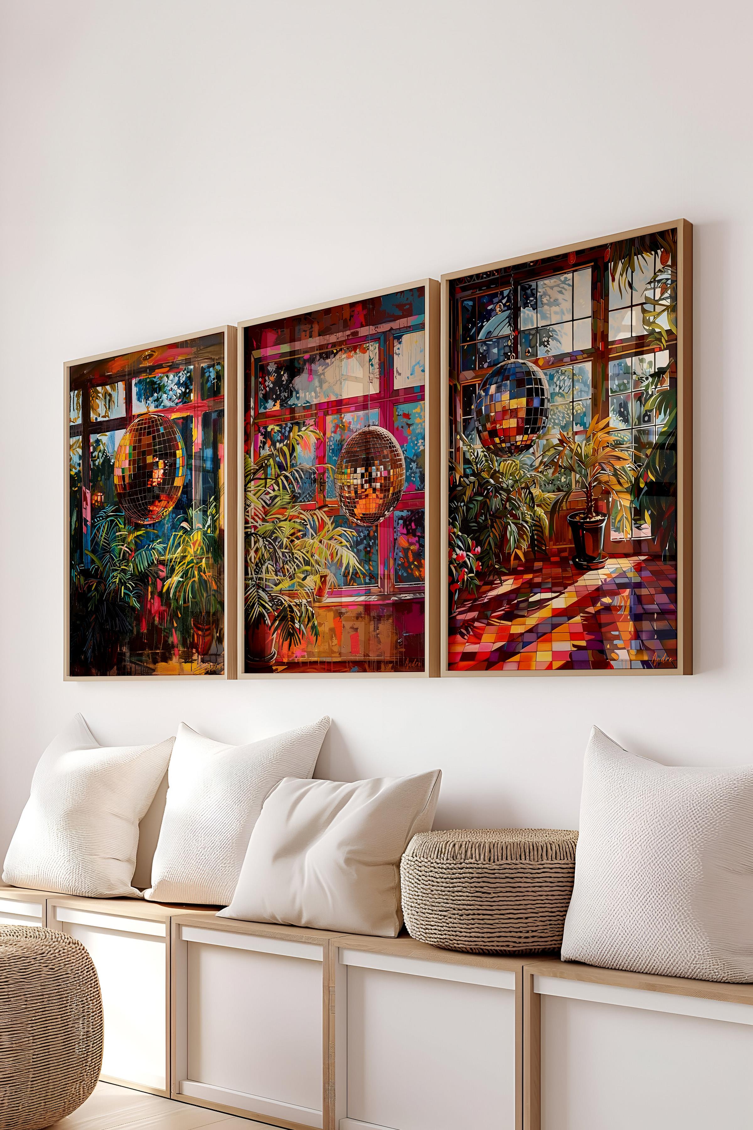 Ahşap Çerçeveli Tablo Seti, Disko Topu Maximalist Duvar Tablosu, 3 Adet Poster Seti, No:300797