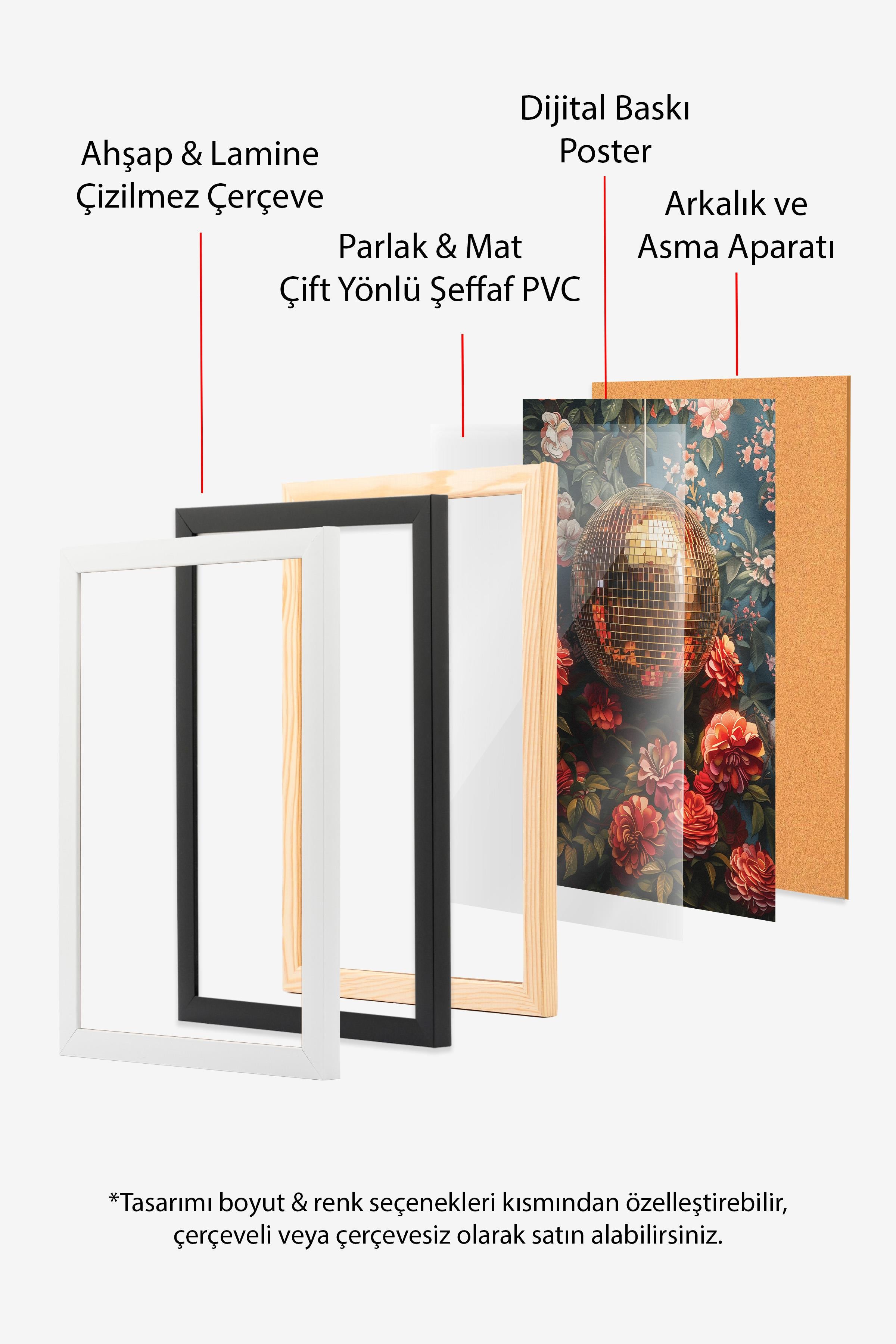 Ahşap Çerçeveli Tablo Seti, Disko Topu Maximalist Duvar Tablosu, 3 Adet Poster Seti, No:300798