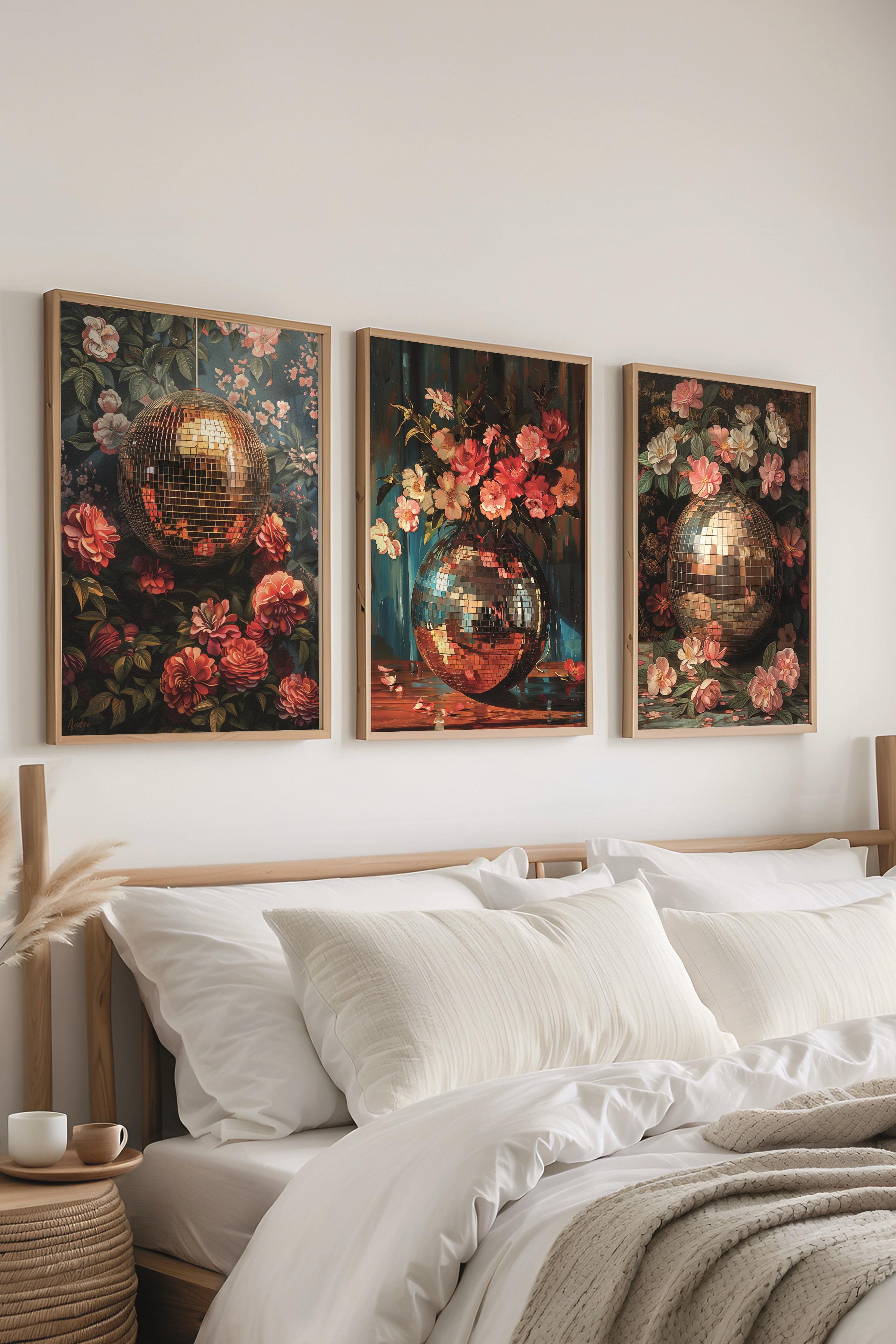 Ahşap Çerçeveli Tablo Seti, Disko Topu Maximalist Duvar Tablosu, 3 Adet Poster Seti, No:300798