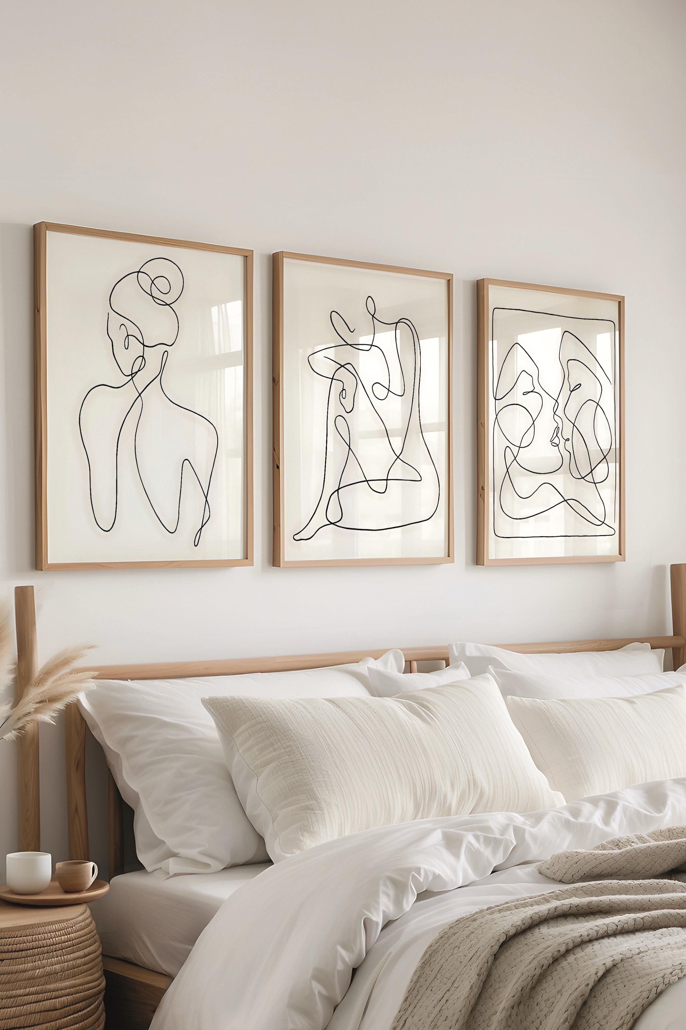 Ahşap Çerçeveli Tablo Seti, El Çizimi Kadın Figür Duvar Tablosu, 3 Adet Poster Seti, No:300776
