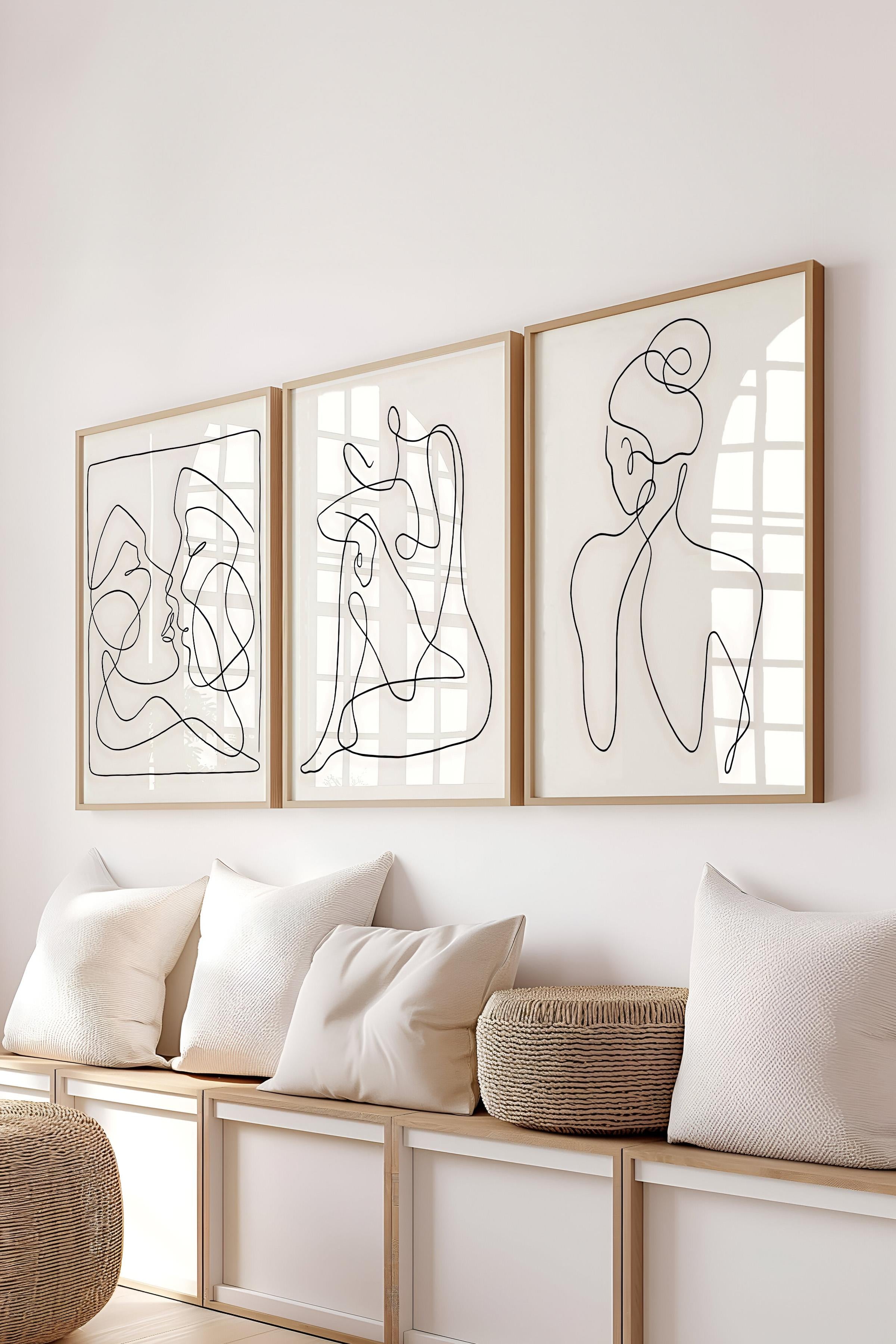 Ahşap Çerçeveli Tablo Seti, El Çizimi Kadın Figür Duvar Tablosu, 3 Adet Poster Seti, No:300776