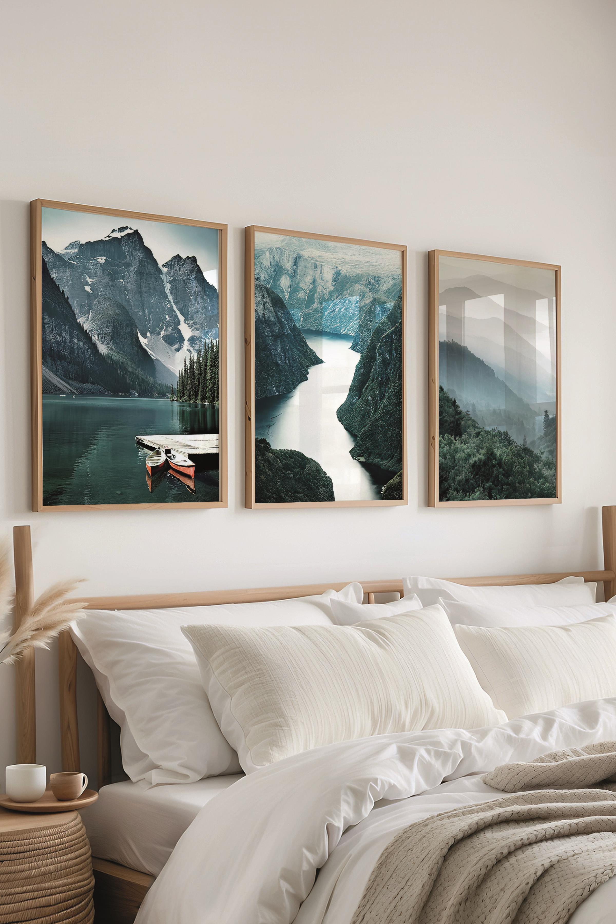 Ahşap Çerçeveli Tablo Seti, Göl Kenarı Duvar Tablosu, 3 Adet Poster Seti, No:300711