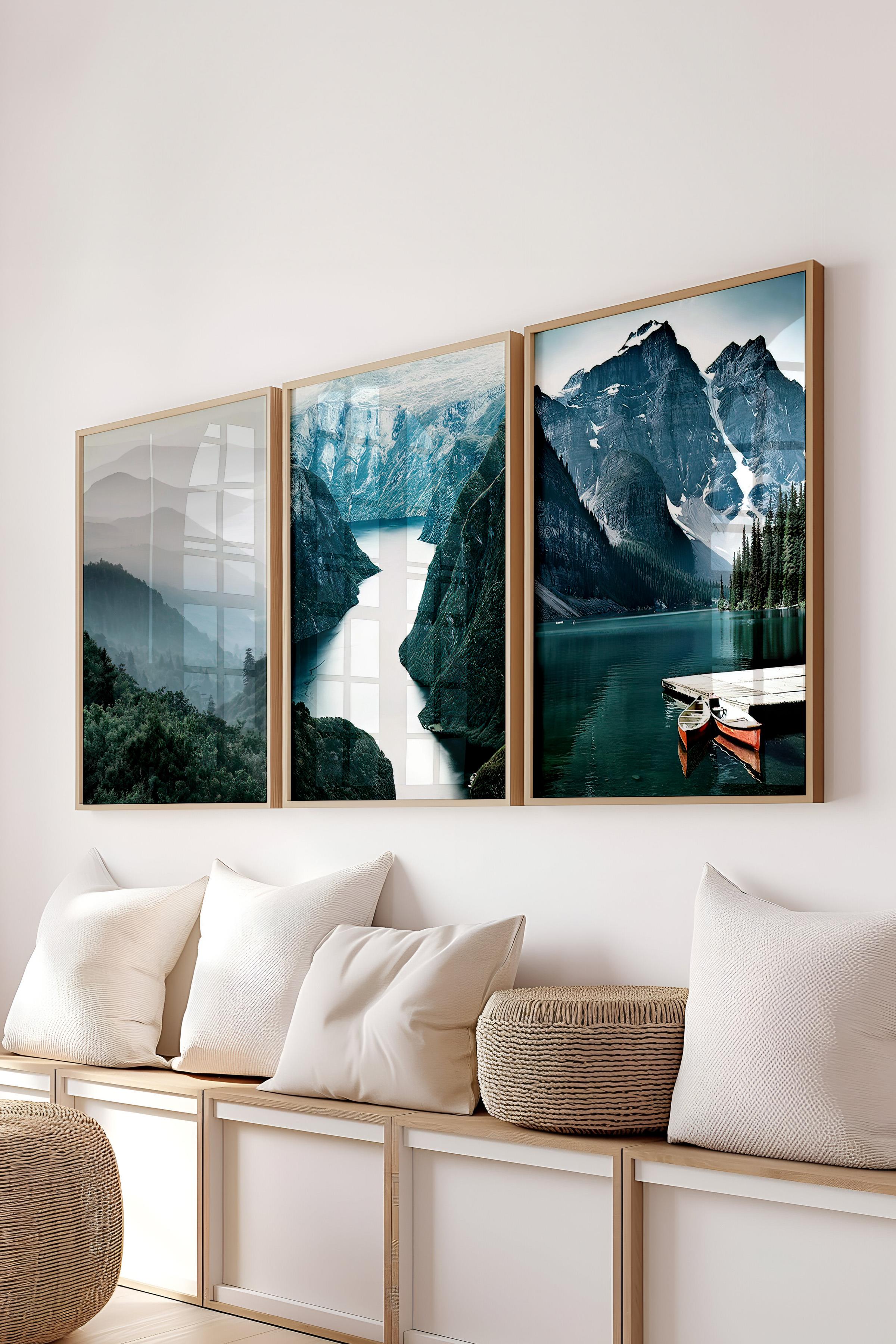 Ahşap Çerçeveli Tablo Seti, Göl Kenarı Duvar Tablosu, 3 Adet Poster Seti, No:300711