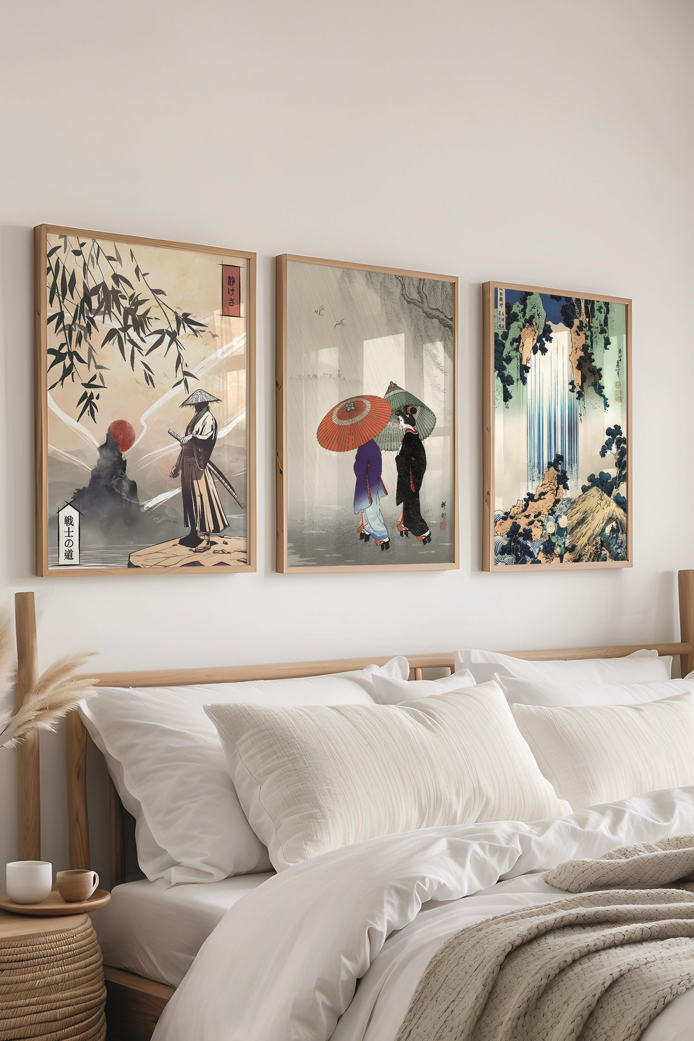 Ahşap Çerçeveli Tablo Seti, Hokusai Duvar Tablosu, 3 Adet Poster Seti, No:300742
