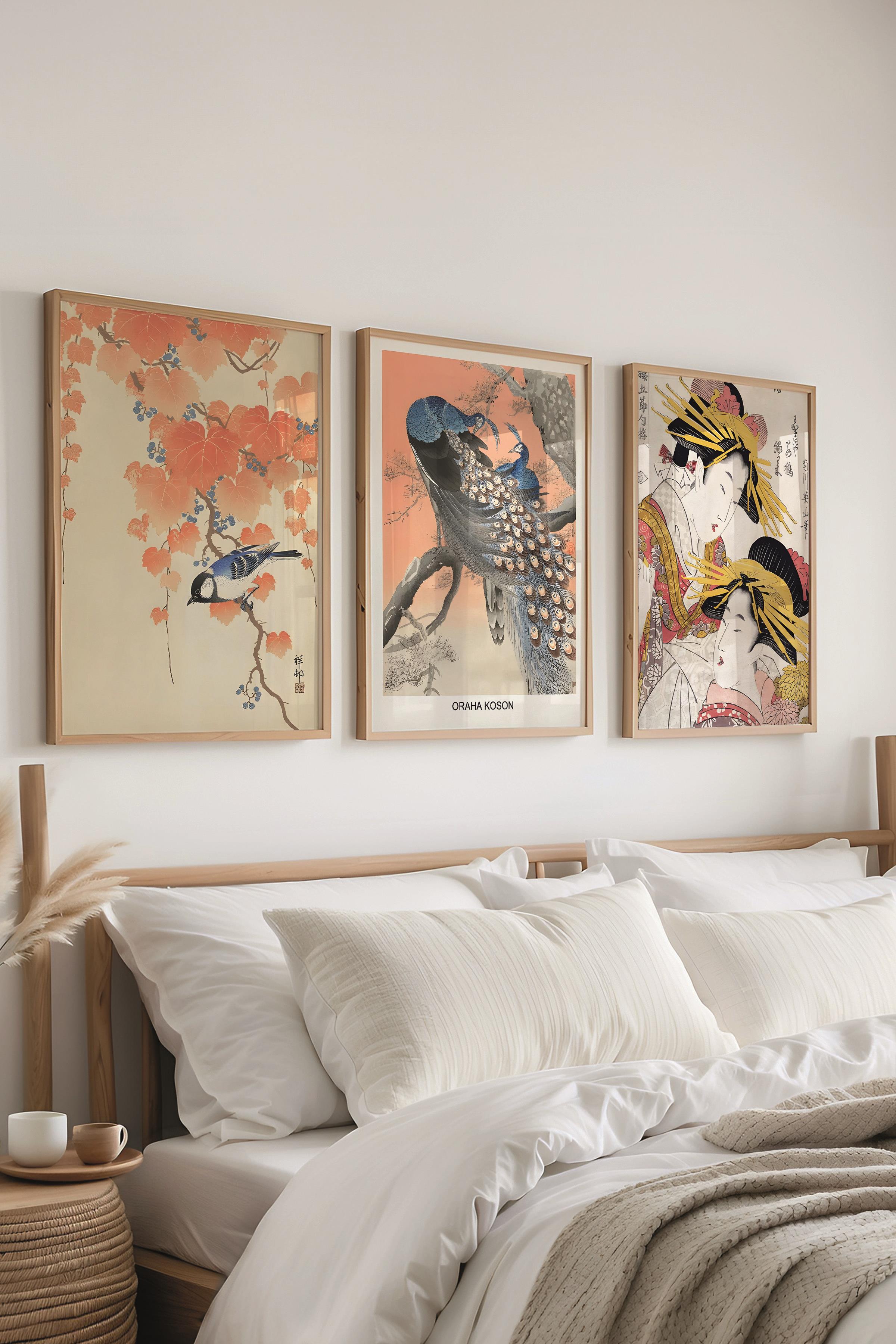 Ahşap Çerçeveli Tablo Seti, Hokusai Duvar Tablosu, 3 Adet Poster Seti, No:300743