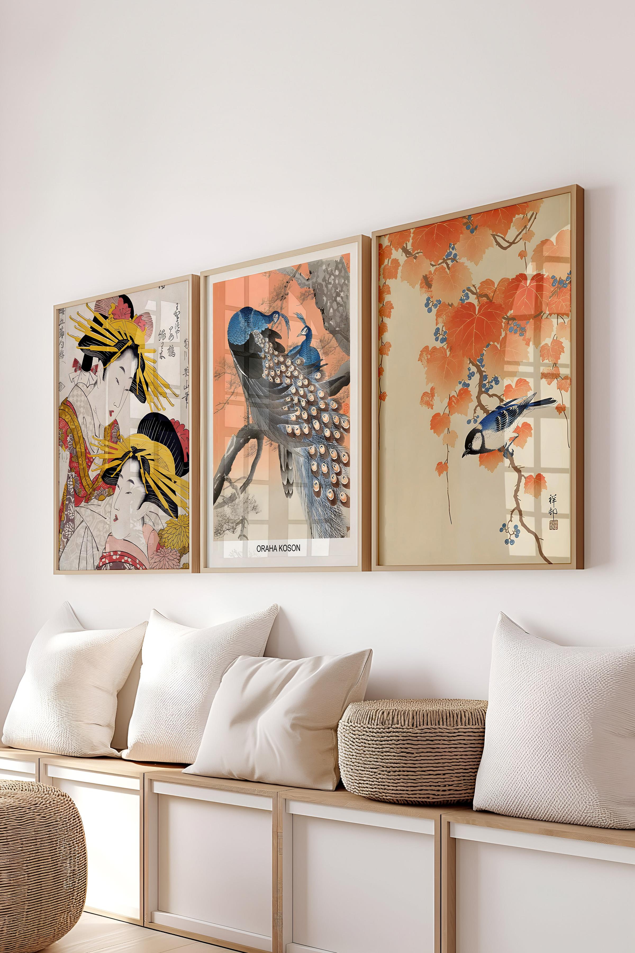 Ahşap Çerçeveli Tablo Seti, Hokusai Duvar Tablosu, 3 Adet Poster Seti, No:300743