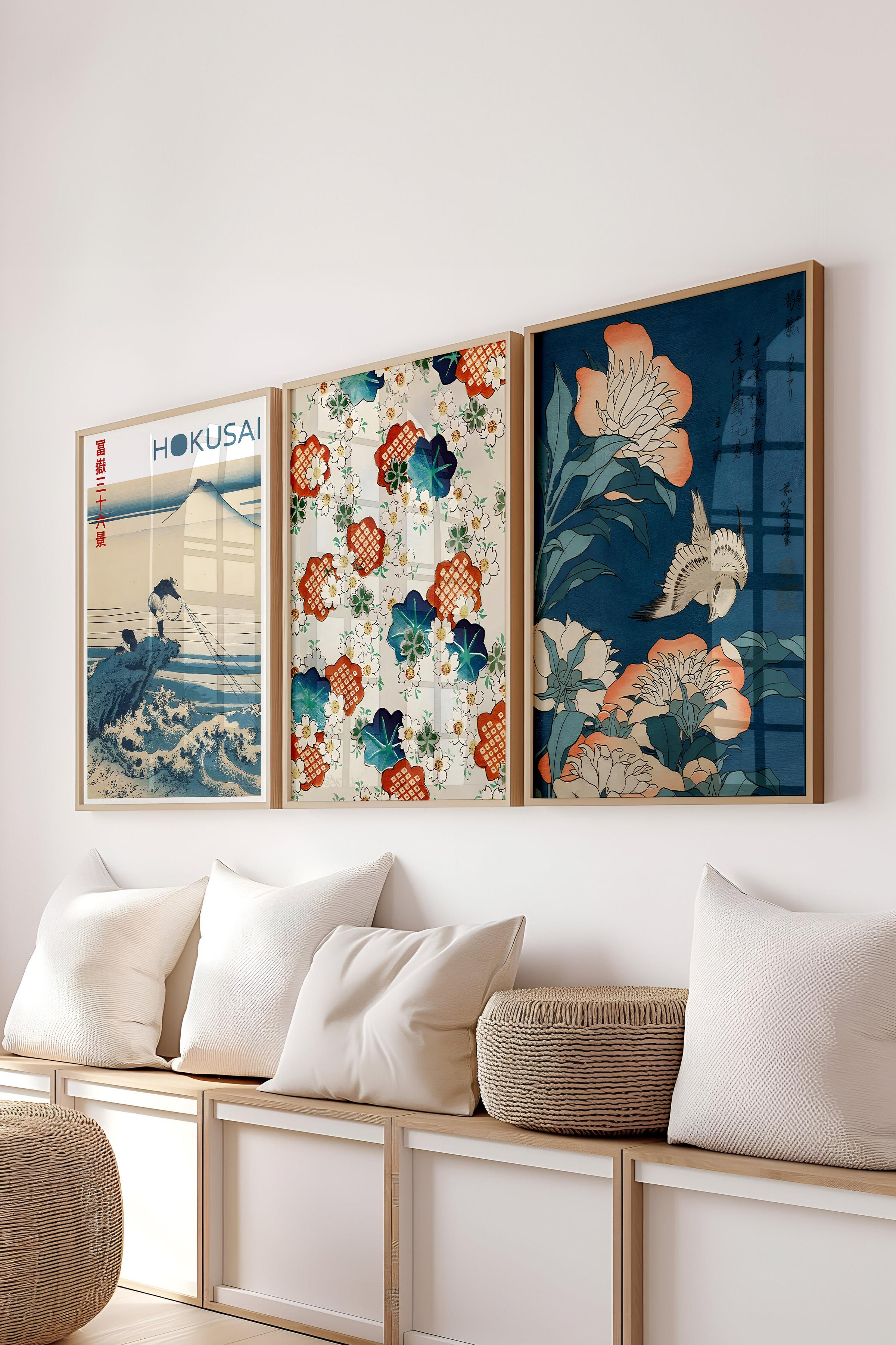 Ahşap Çerçeveli Tablo Seti, Hokusai Duvar Tablosu, 3 Adet Poster Seti, No:300762