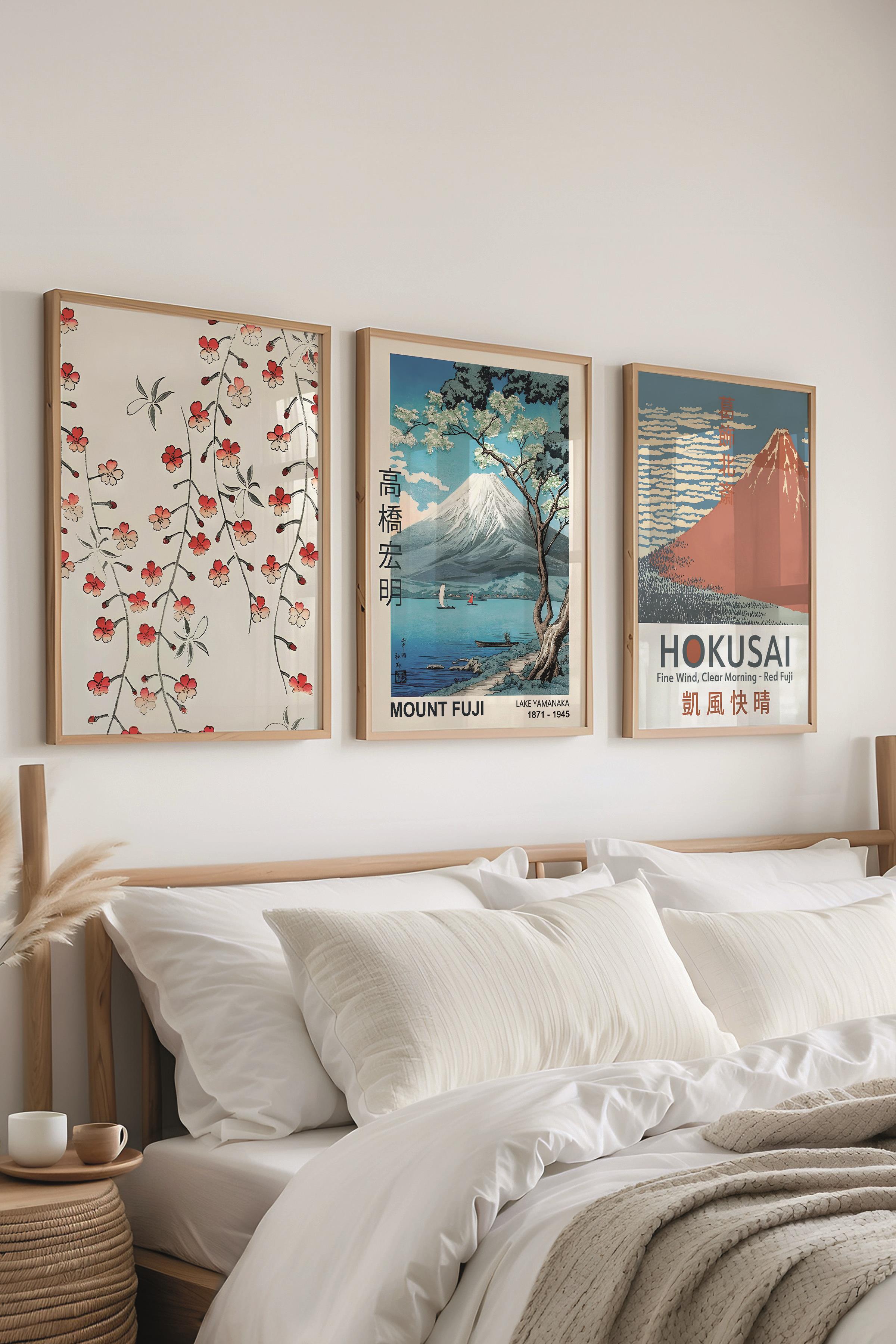 Ahşap Çerçeveli Tablo Seti, Hokusai Duvar Tablosu, 3 Adet Poster Seti, No:300777