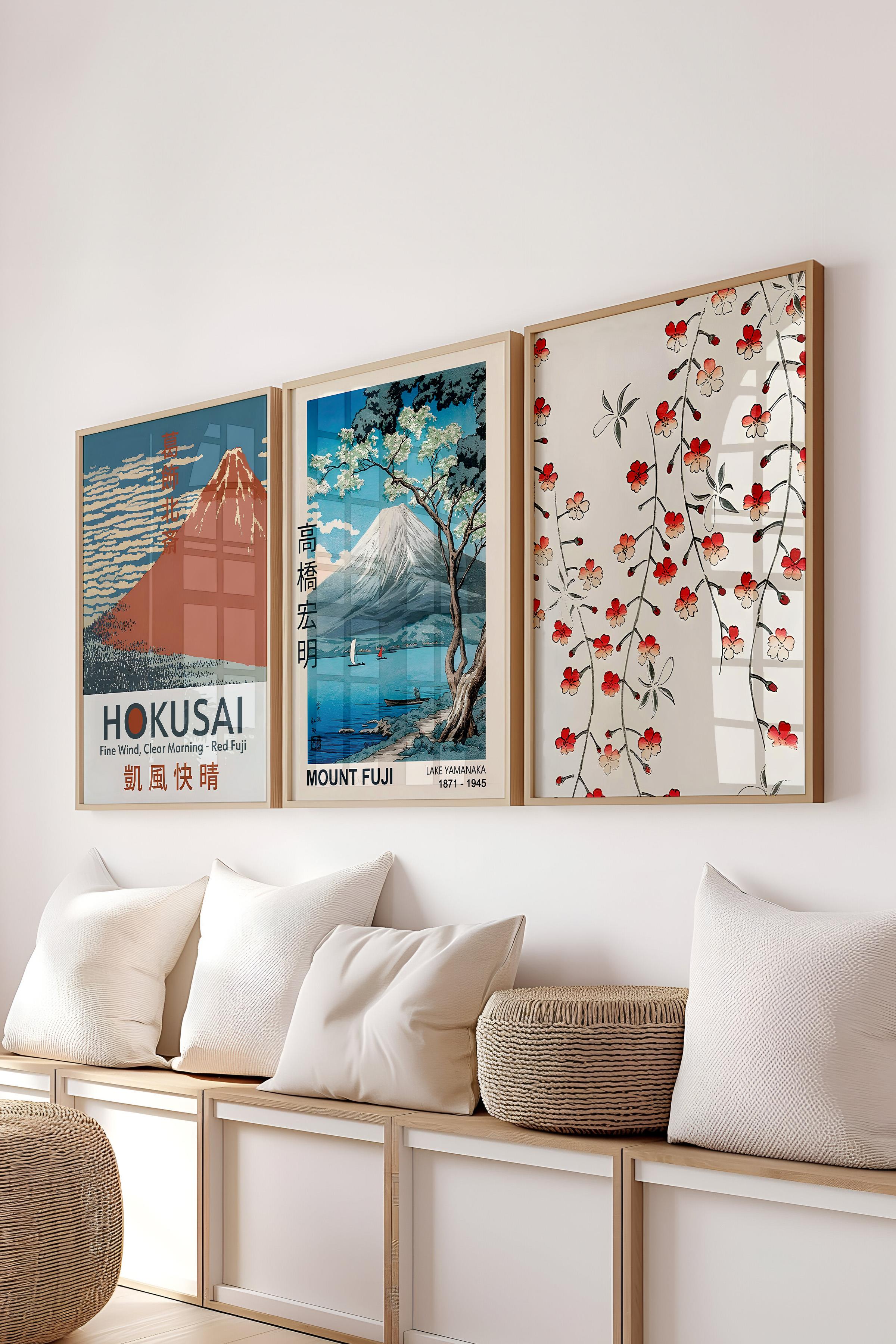Ahşap Çerçeveli Tablo Seti, Hokusai Duvar Tablosu, 3 Adet Poster Seti, No:300777