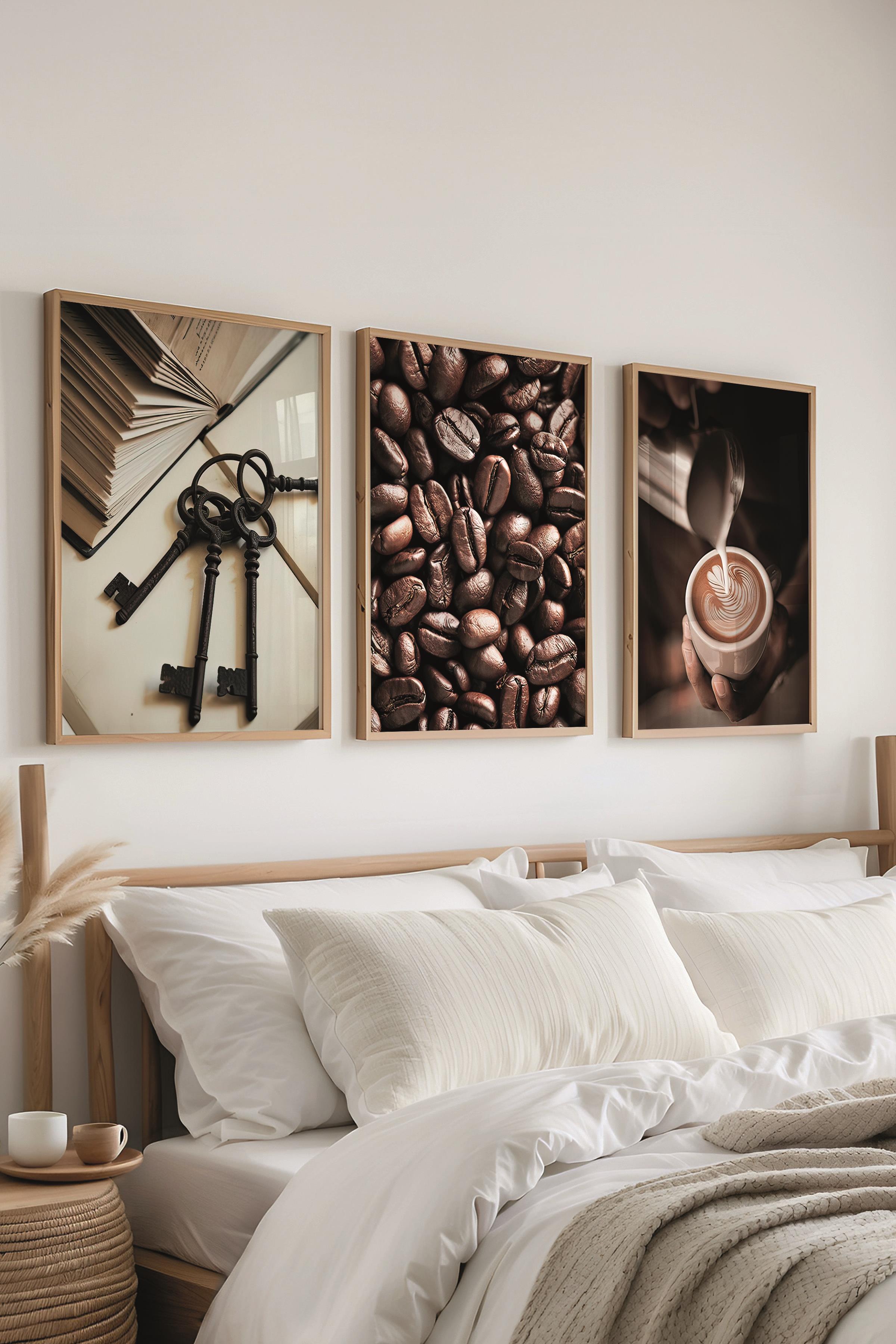 Ahşap Çerçeveli Tablo Seti, Kahve, Kafe ve Mutfak Duvar Tablosu, 3 Adet Poster Seti, No:300723