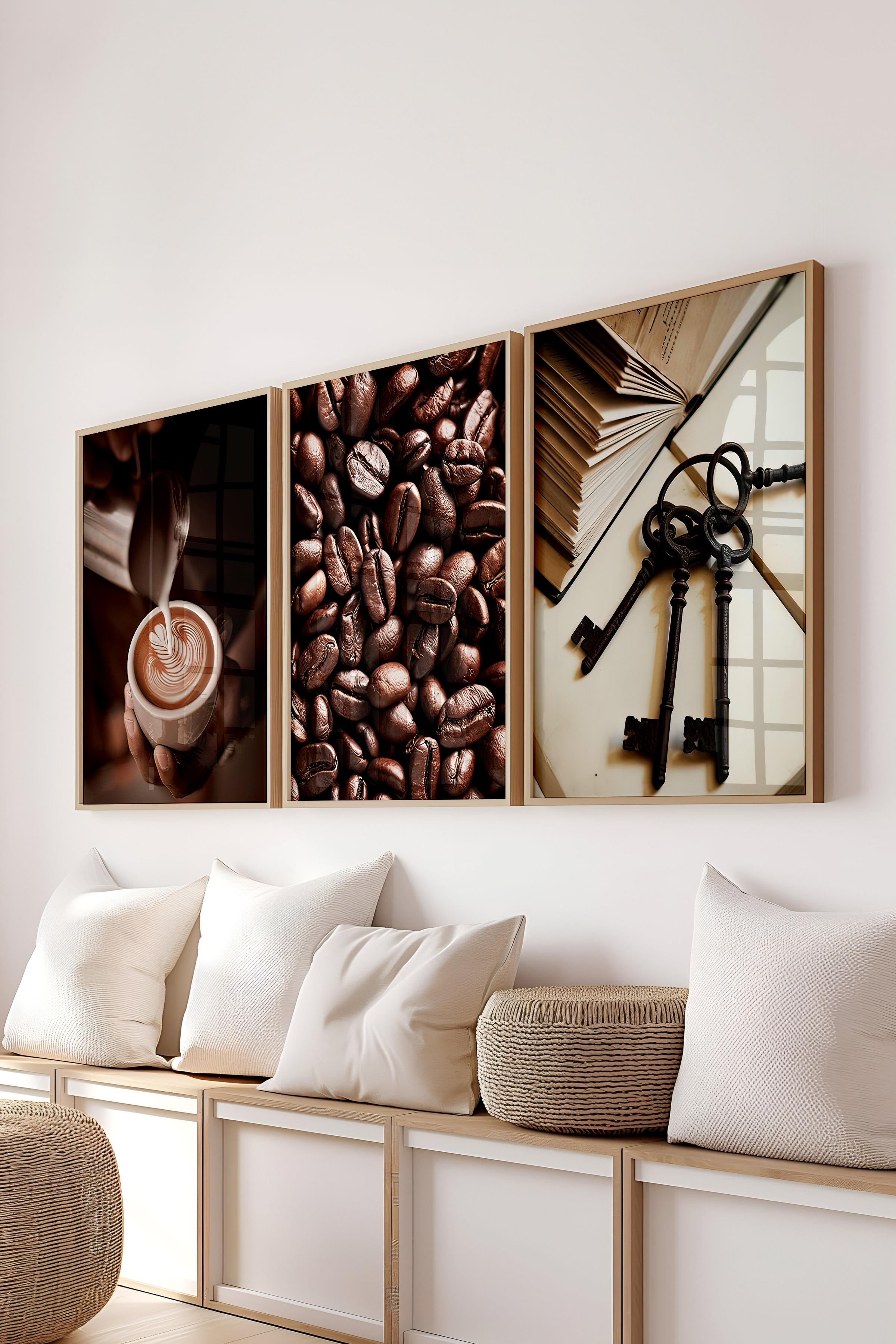 Ahşap Çerçeveli Tablo Seti, Kahve, Kafe ve Mutfak Duvar Tablosu, 3 Adet Poster Seti, No:300723