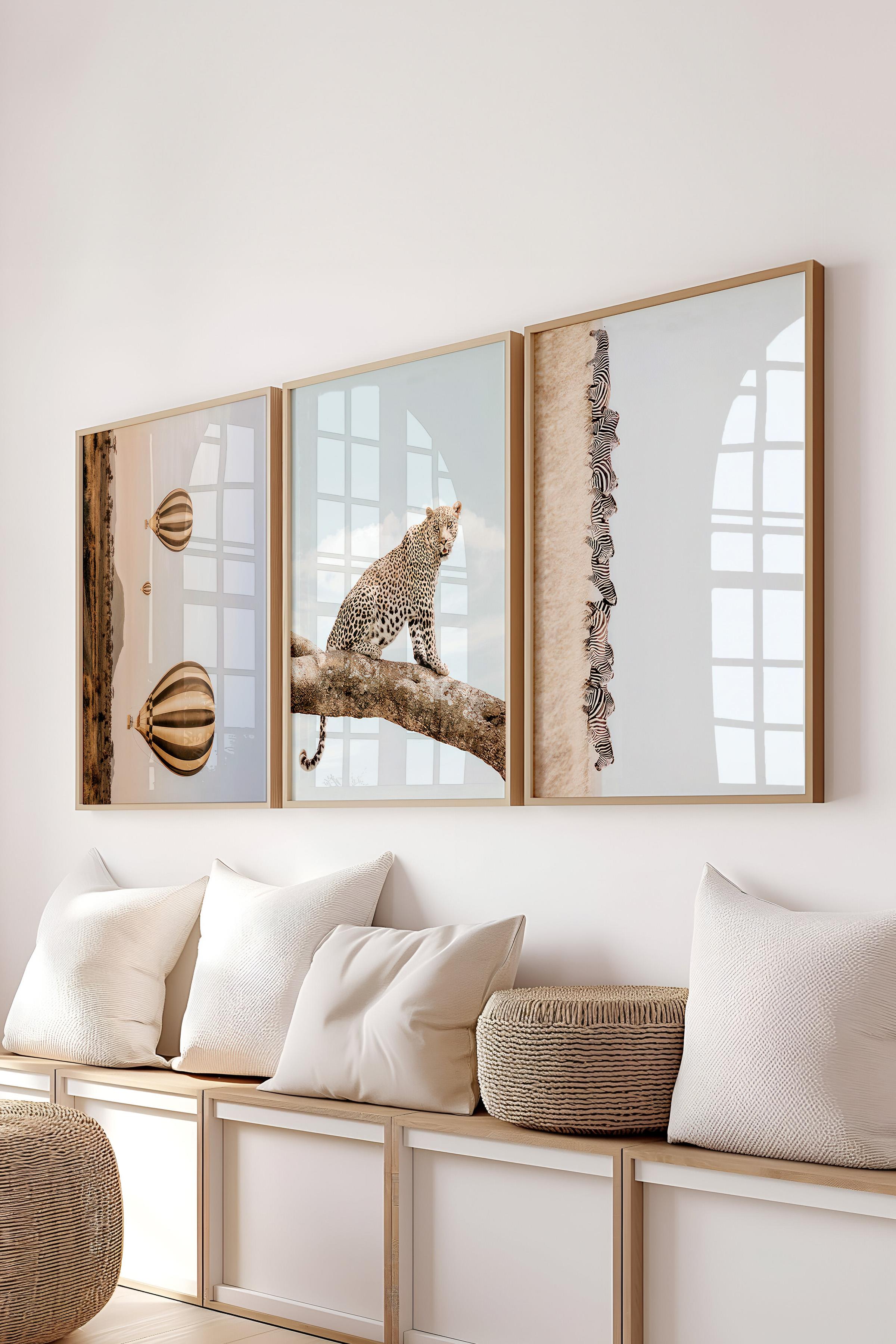 Ahşap Çerçeveli Tablo Seti, Kahveregi Doğa Duvar Tablosu, 3 Adet Poster Seti, No:300745