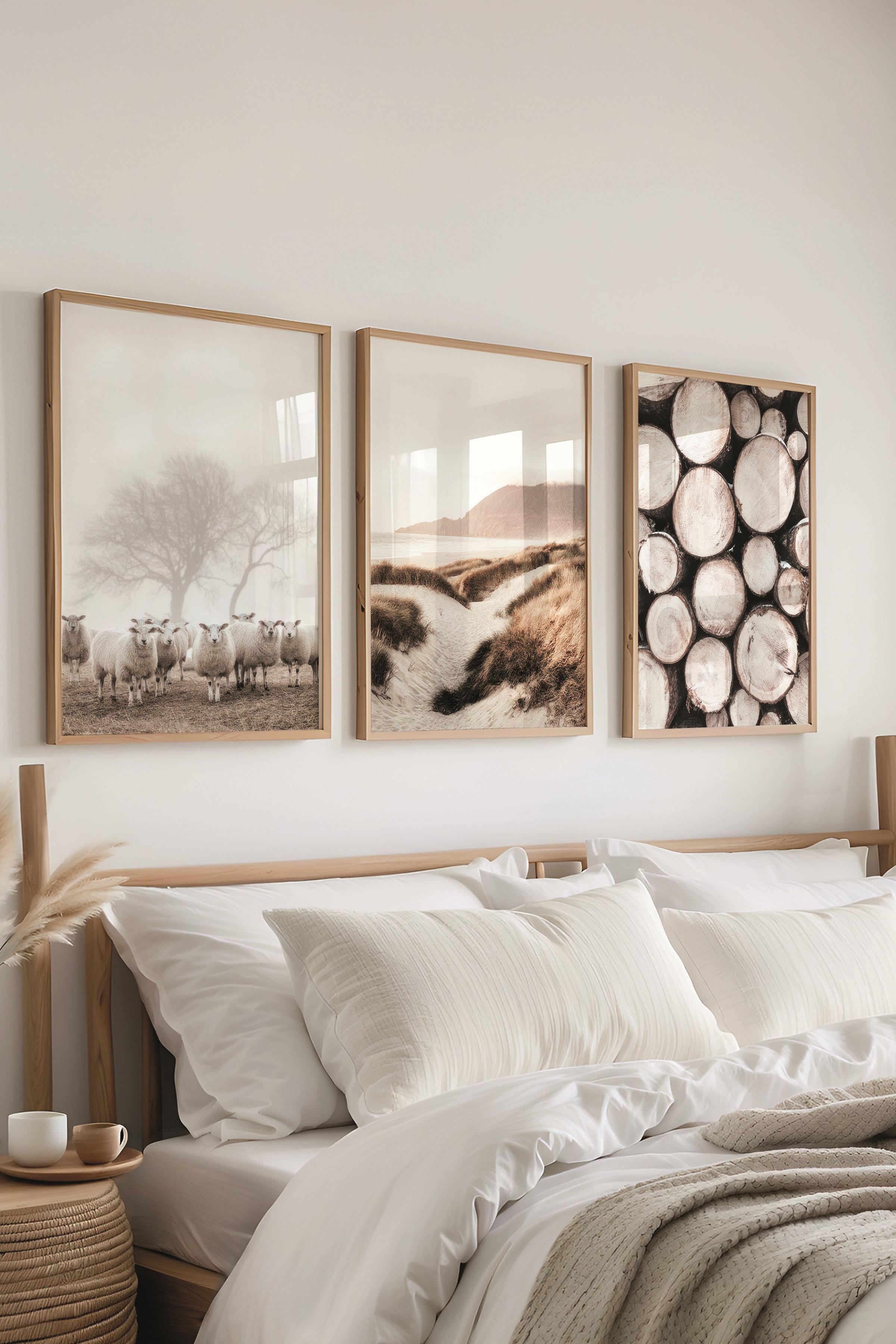 Ahşap Çerçeveli Tablo Seti, Kahverengi Fotoğraflar Duvar Tablosu, 3 Adet Poster Seti, No:300758