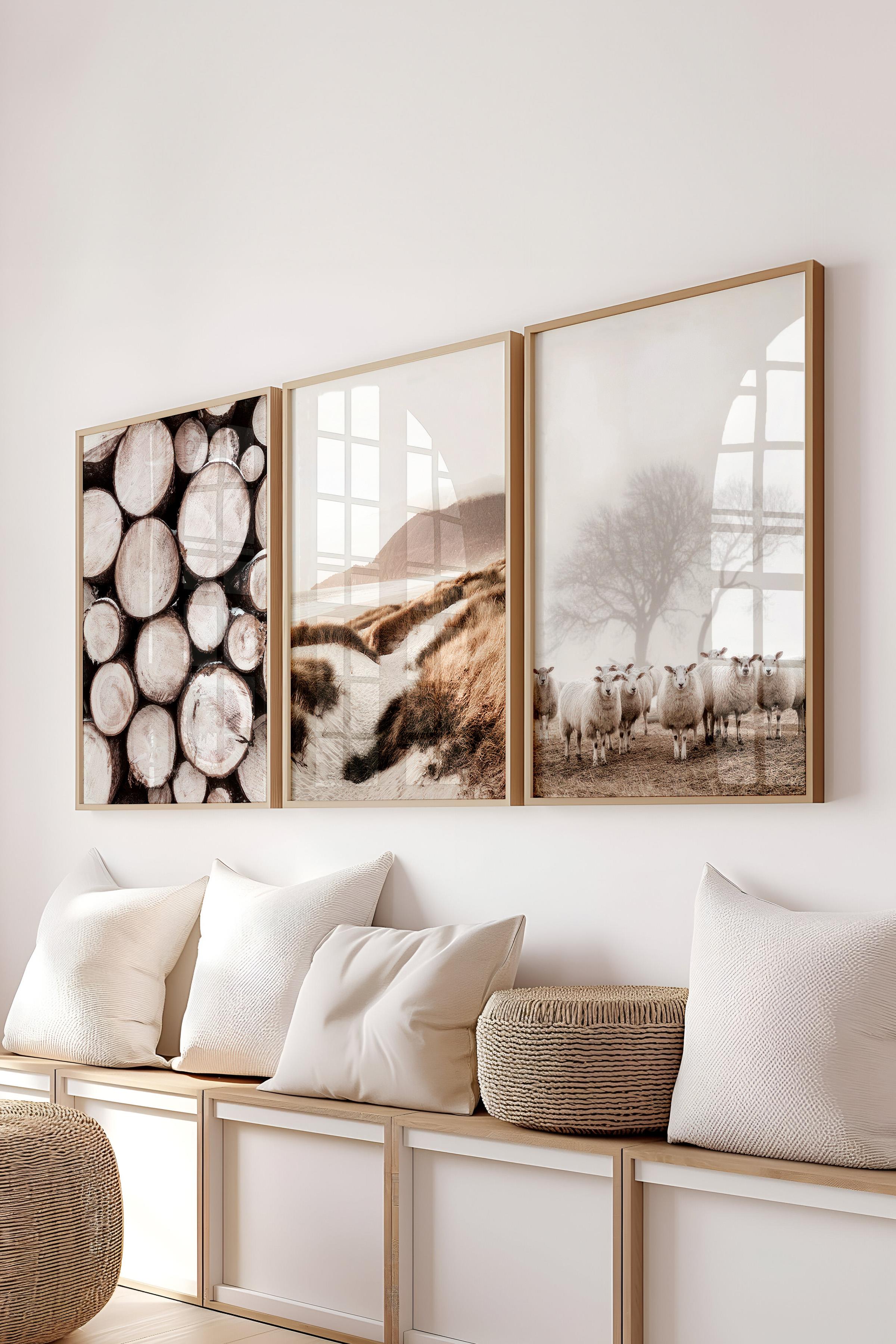Ahşap Çerçeveli Tablo Seti, Kahverengi Fotoğraflar Duvar Tablosu, 3 Adet Poster Seti, No:300758