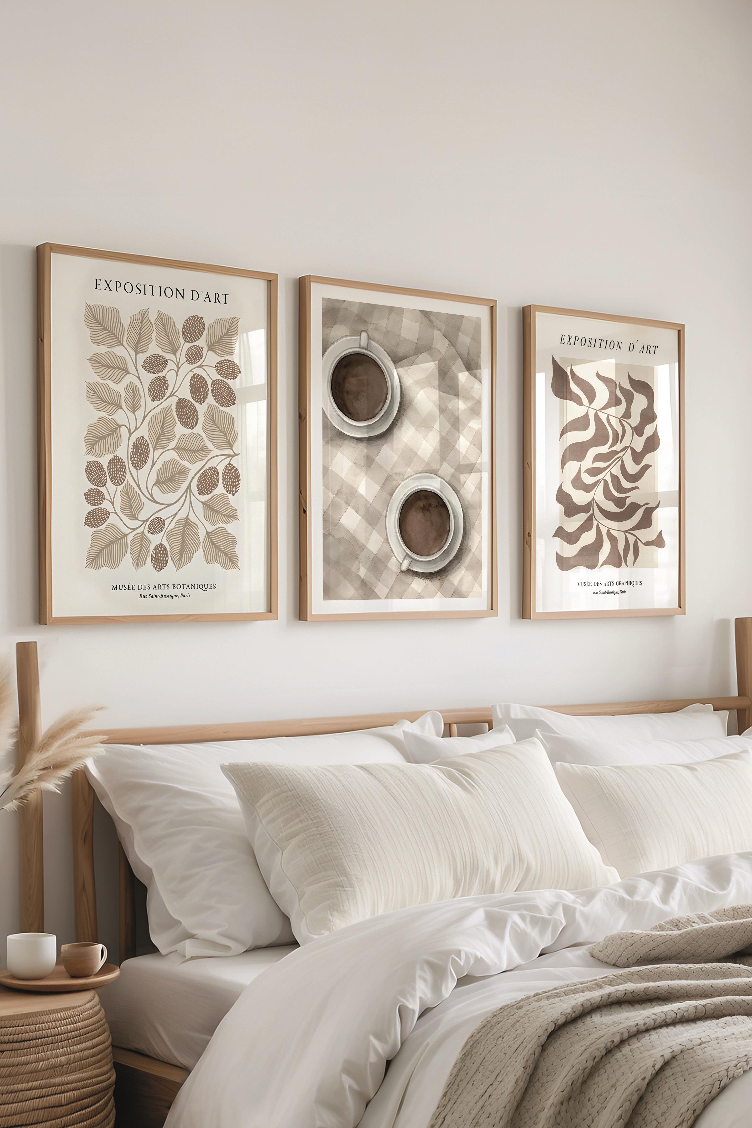 Ahşap Çerçeveli Tablo Seti, Kahverengi Kafe Duvar Tablosu, 3 Adet Poster Seti, No:300779