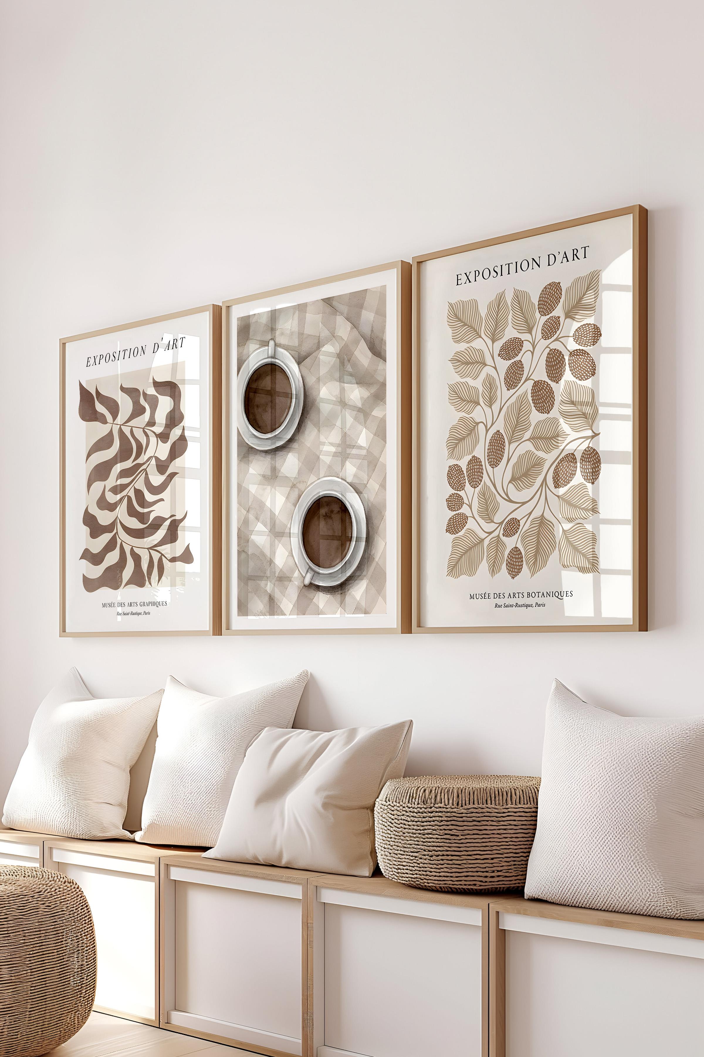 Ahşap Çerçeveli Tablo Seti, Kahverengi Kafe Duvar Tablosu, 3 Adet Poster Seti, No:300779