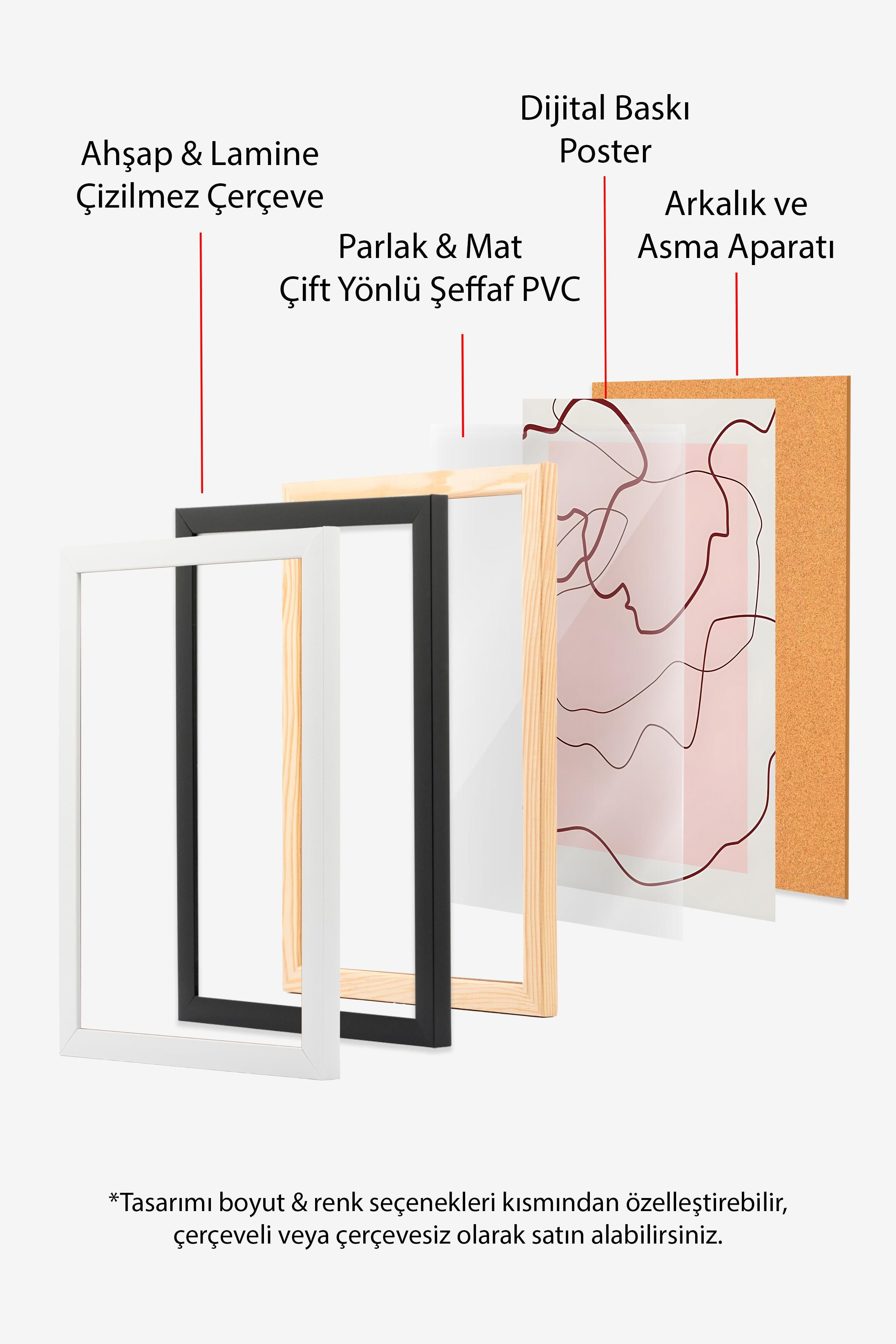 Ahşap Çerçeveli Tablo Seti, Kırmızı Boho Duvar Tablosu, 3 Adet Poster Seti, No:300761