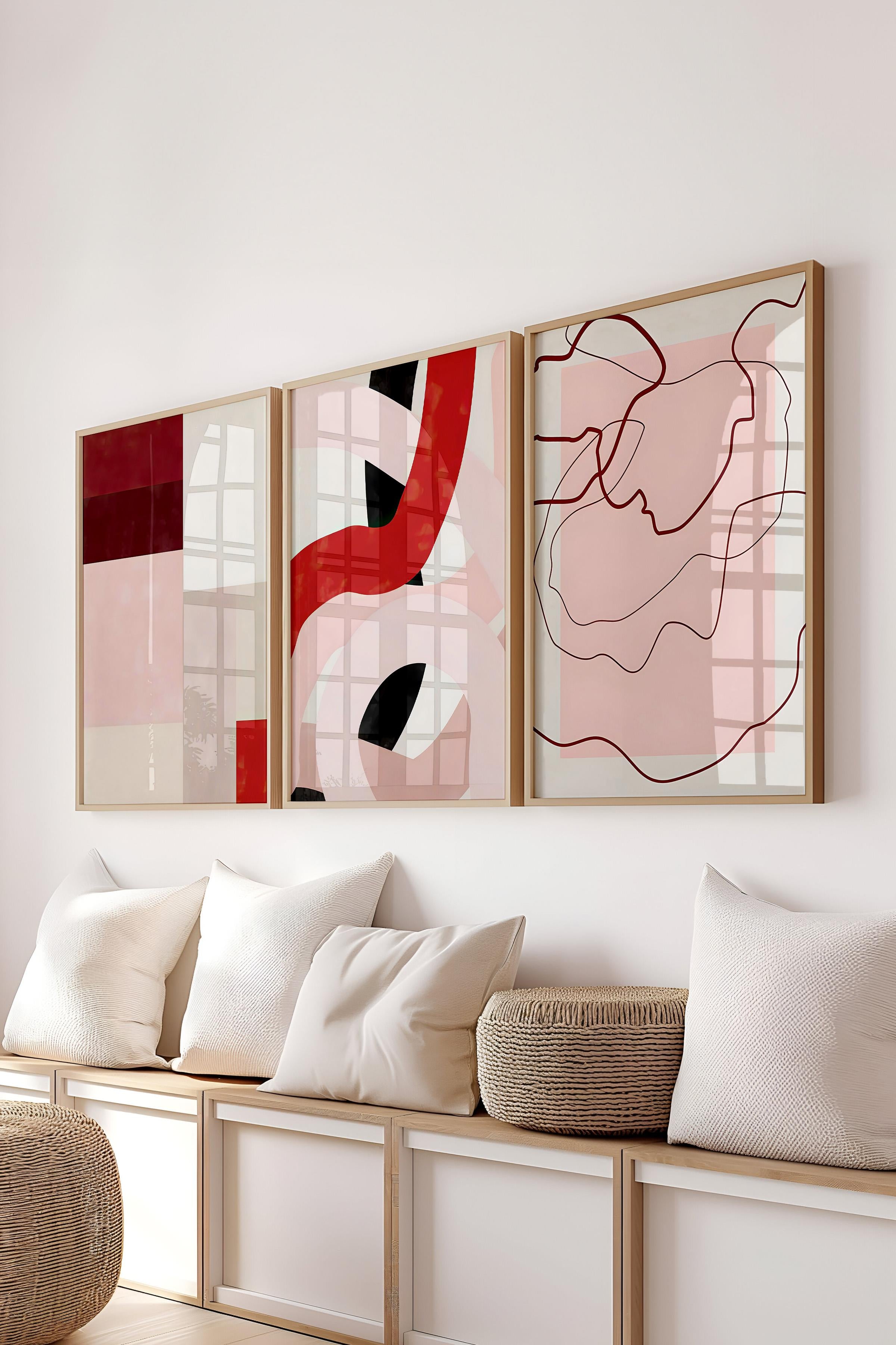 Ahşap Çerçeveli Tablo Seti, Kırmızı Boho Duvar Tablosu, 3 Adet Poster Seti, No:300761