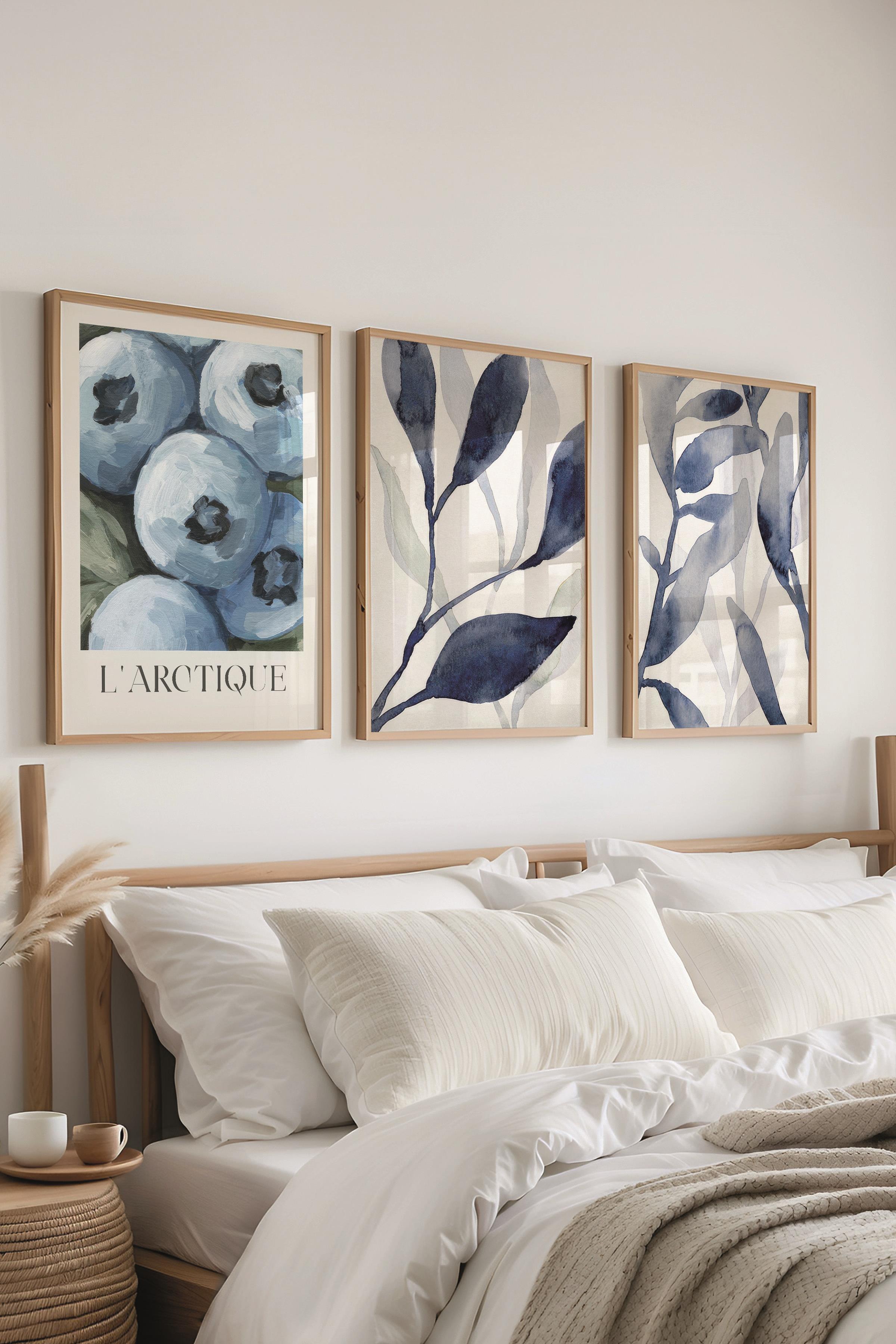 Ahşap Çerçeveli Tablo Seti, Mavi Duvar Tablosu, 3 Adet Poster Seti, No:300753