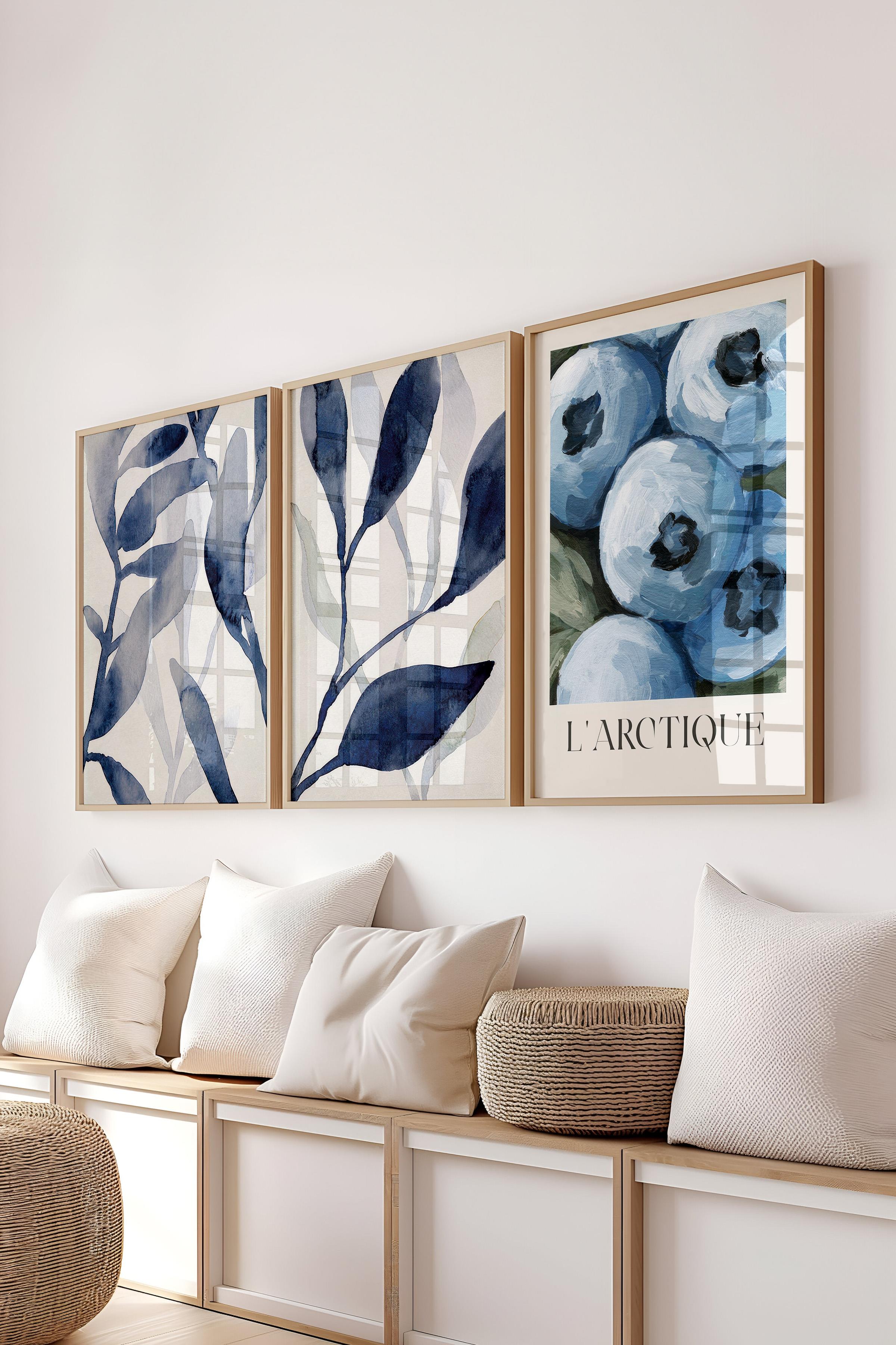 Ahşap Çerçeveli Tablo Seti, Mavi Duvar Tablosu, 3 Adet Poster Seti, No:300753