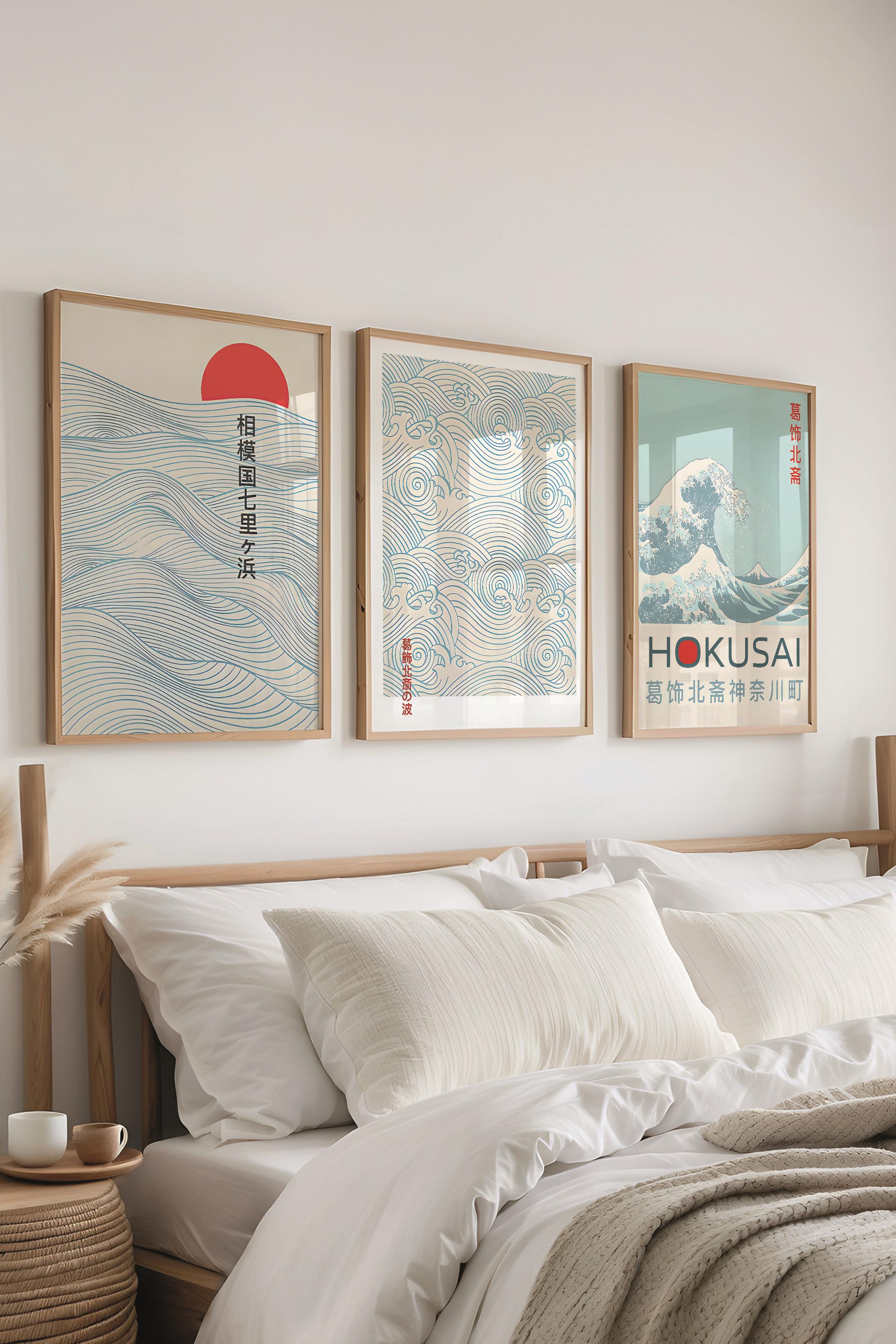 Ahşap Çerçeveli Tablo Seti, Mavi Hokusai Duvar Tablosu, 3 Adet Poster Seti, No:300741