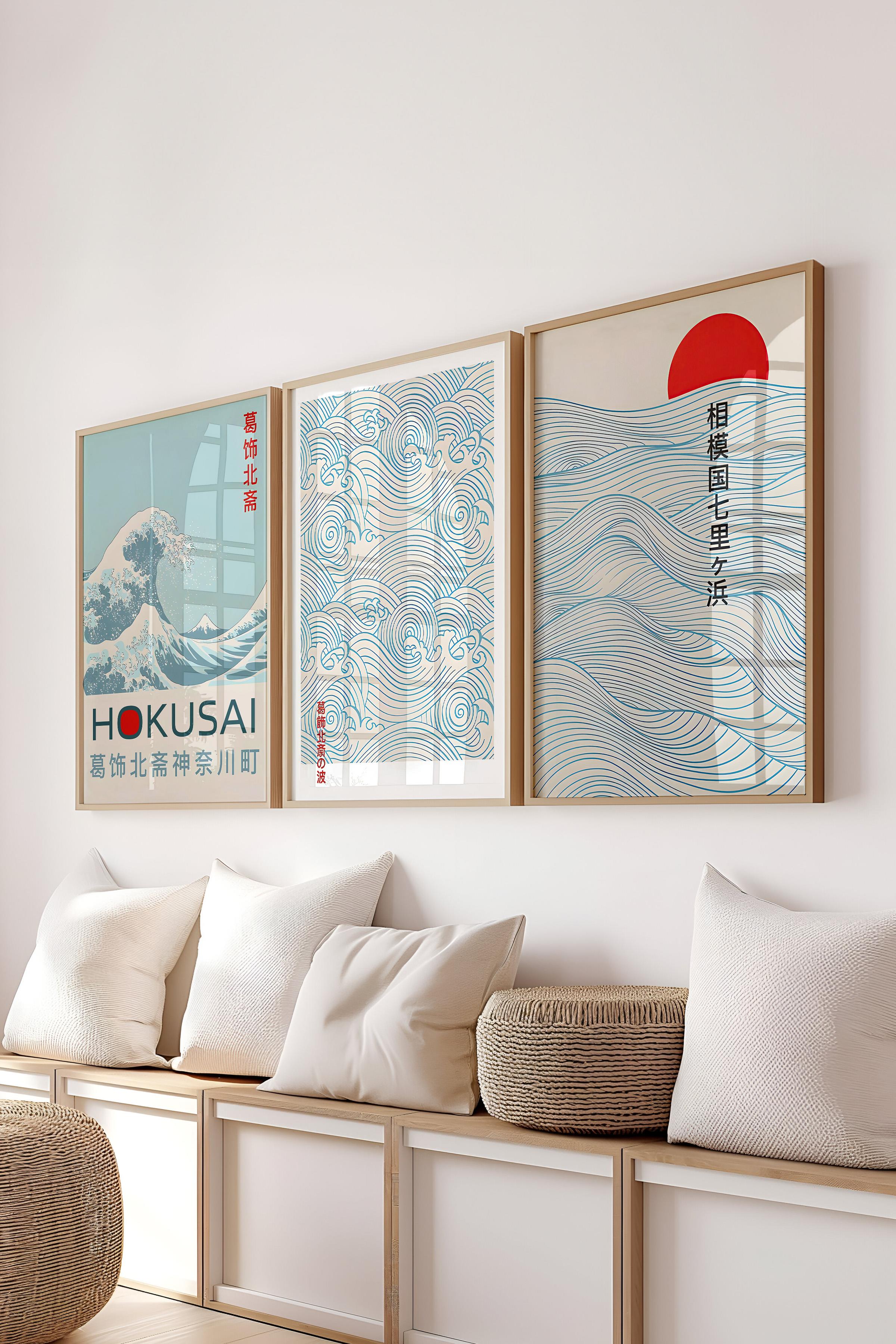 Ahşap Çerçeveli Tablo Seti, Mavi Hokusai Duvar Tablosu, 3 Adet Poster Seti, No:300741