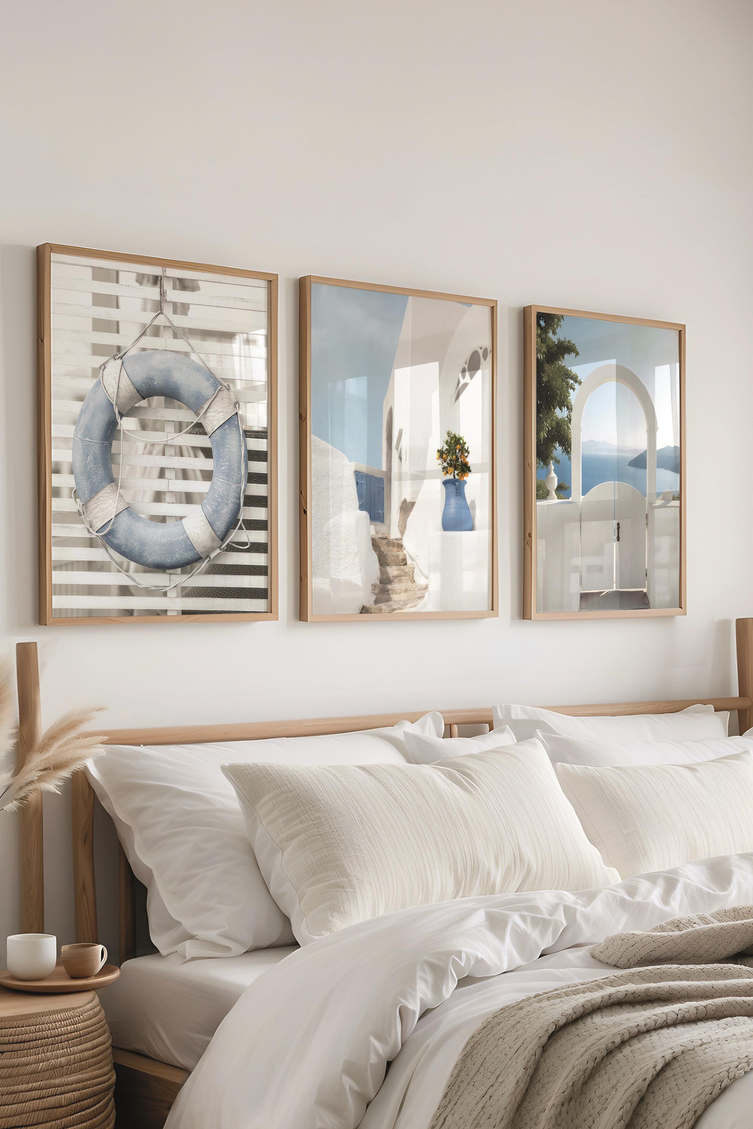 Ahşap Çerçeveli Tablo Seti, Mavi Manzara Duvar Tablosu, 3 Adet Poster Seti, No:300744