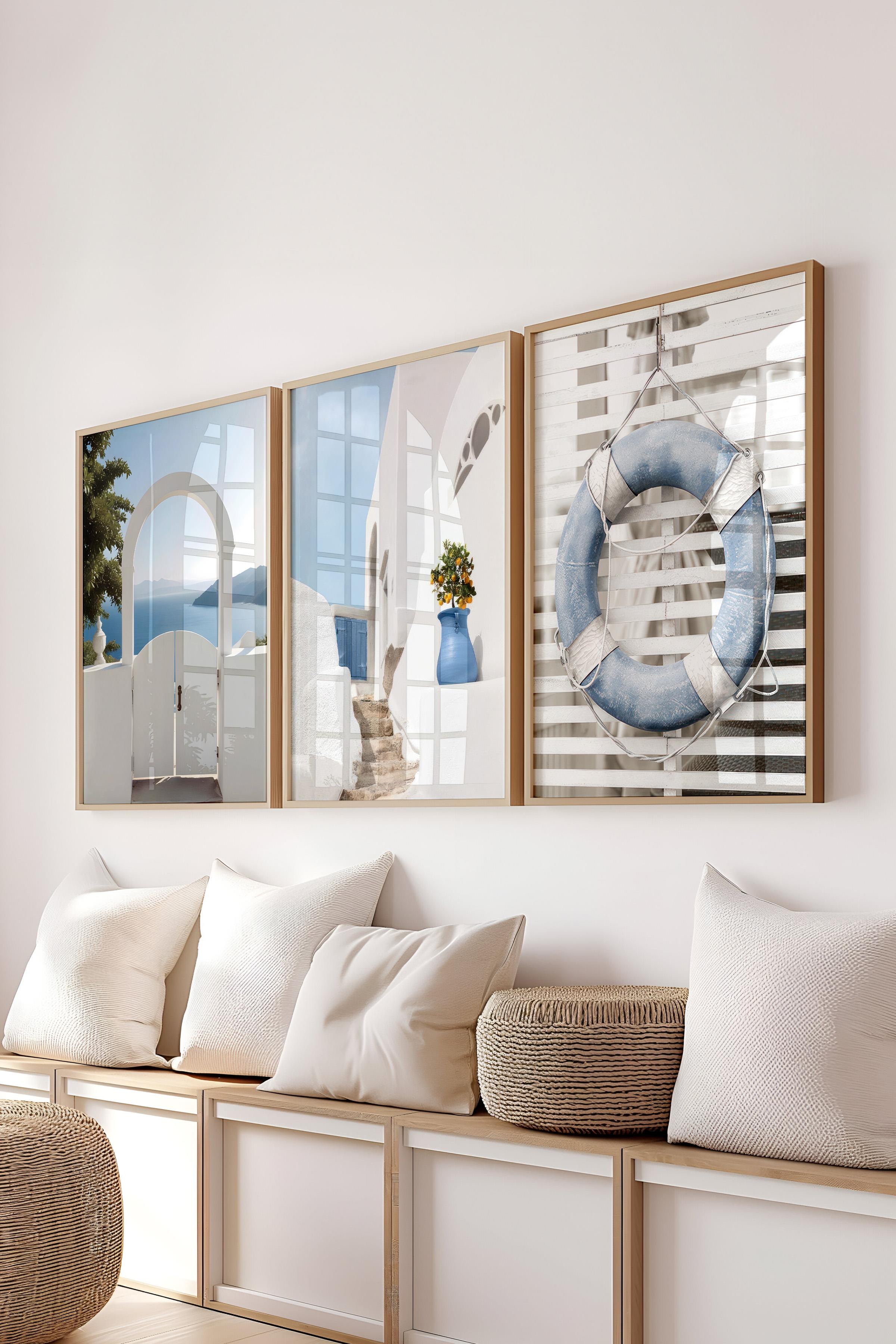 Ahşap Çerçeveli Tablo Seti, Mavi Manzara Duvar Tablosu, 3 Adet Poster Seti, No:300744