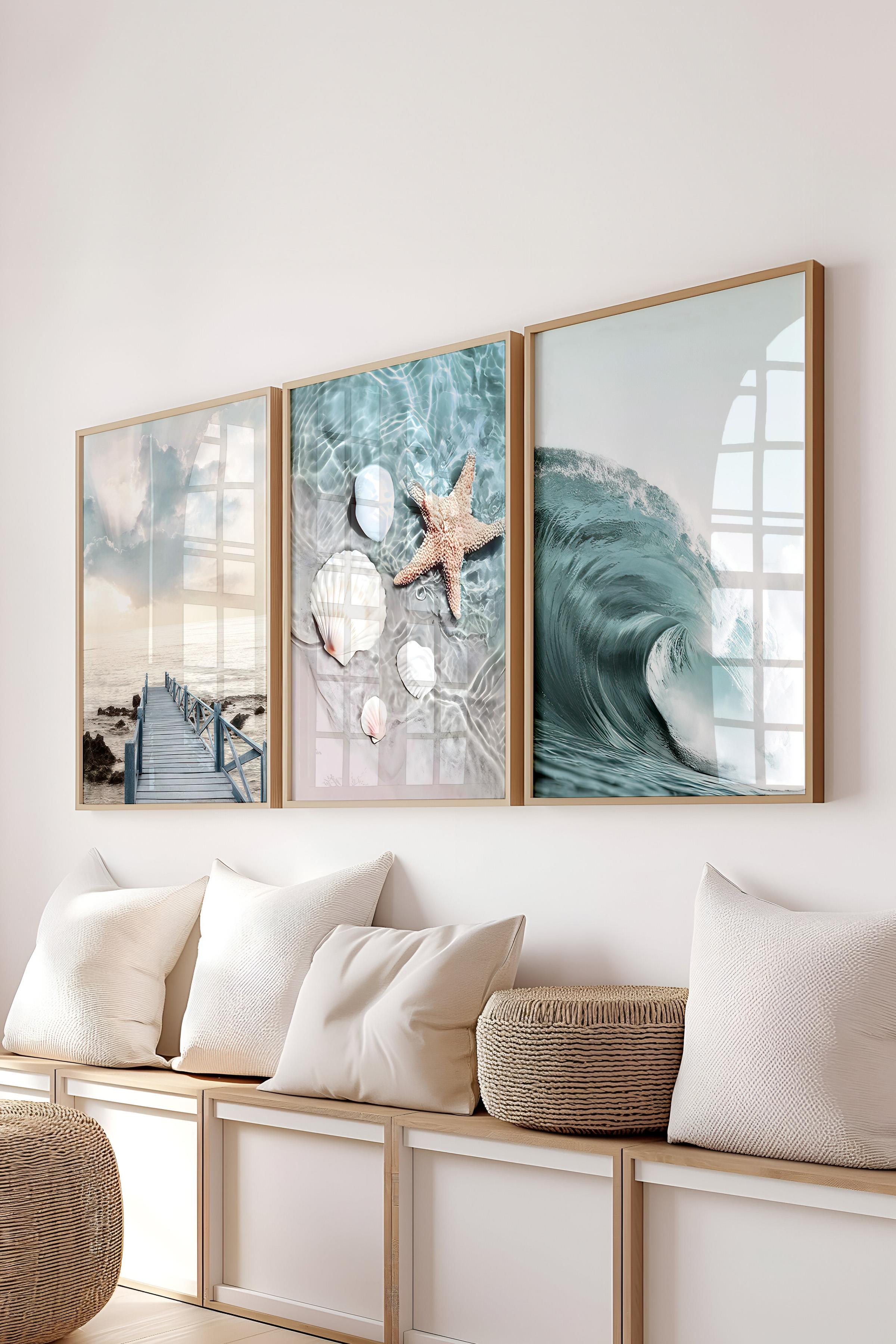Ahşap Çerçeveli Tablo Seti, Okyanus Fotoğraflar Duvar Tablosu, 3 Adet Poster Seti, No:300733