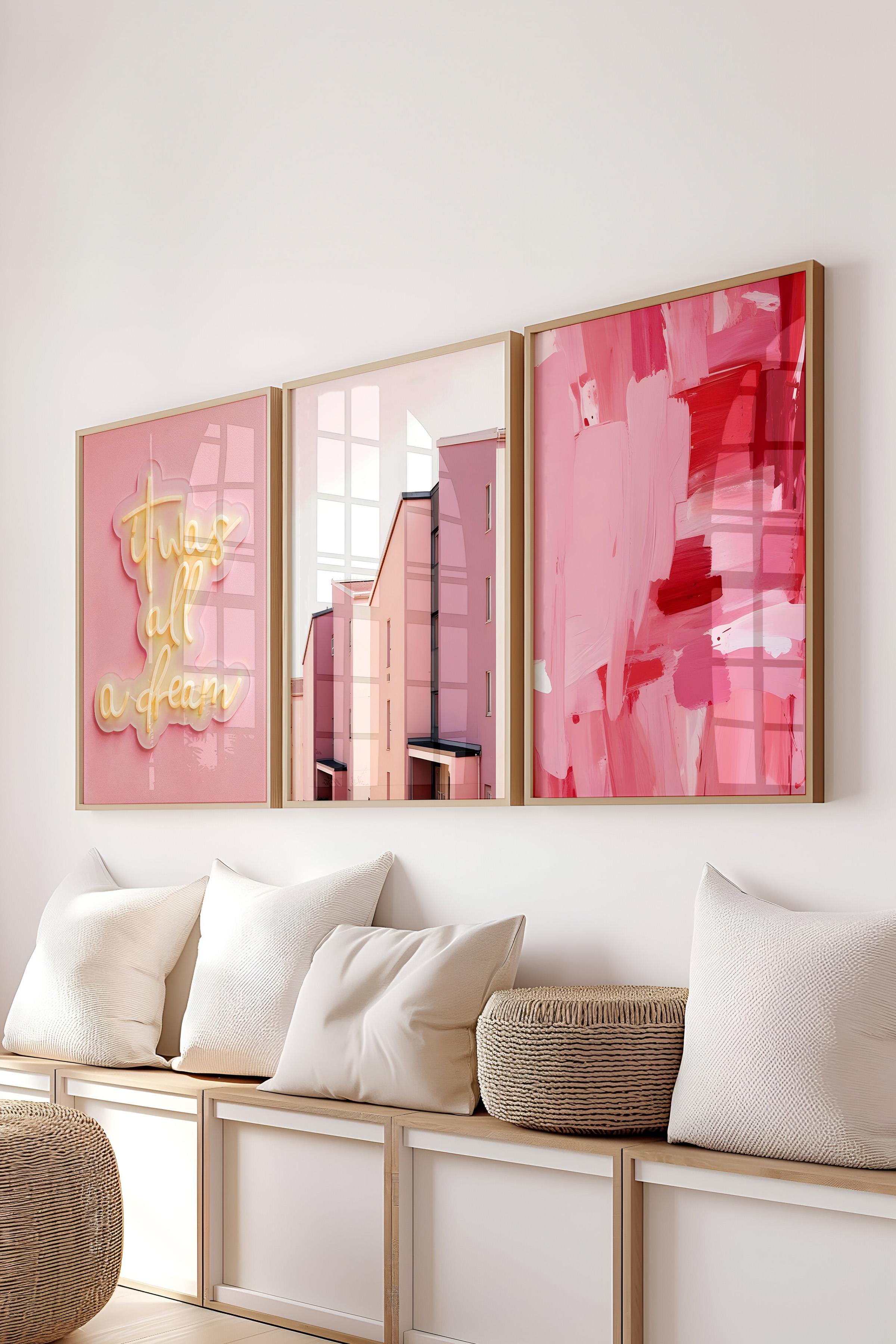 Ahşap Çerçeveli Tablo Seti, Pembe Duvar Tablosu, 3 Adet Poster Seti, No:300748