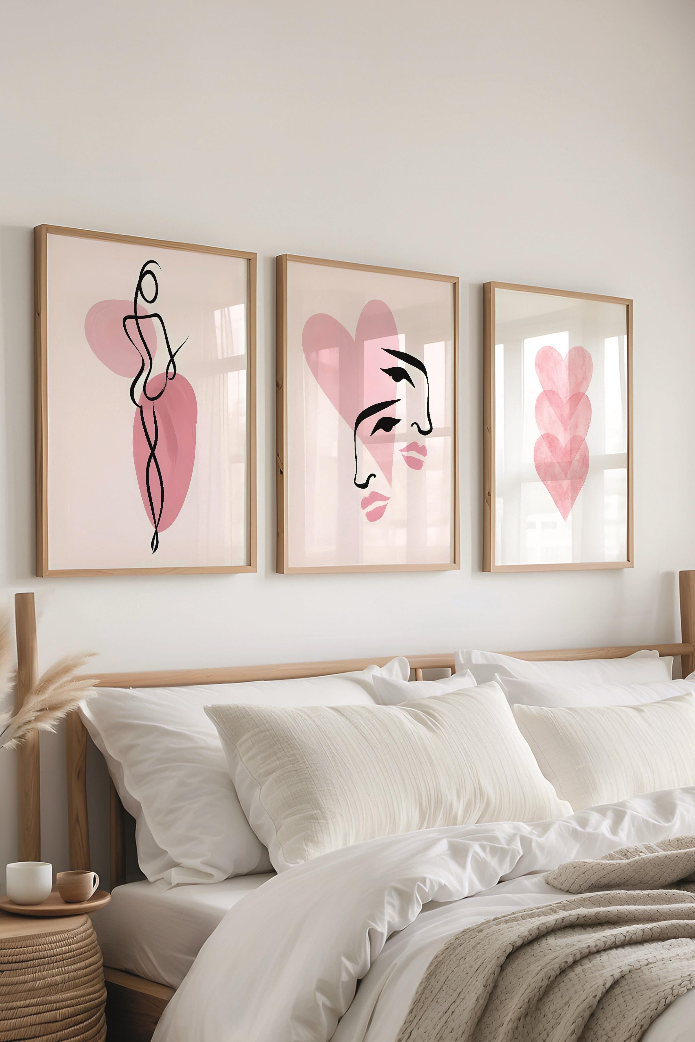 Ahşap Çerçeveli Tablo Seti, Pembe Duvar Tablosu, 3 Adet Poster Seti, No:300749