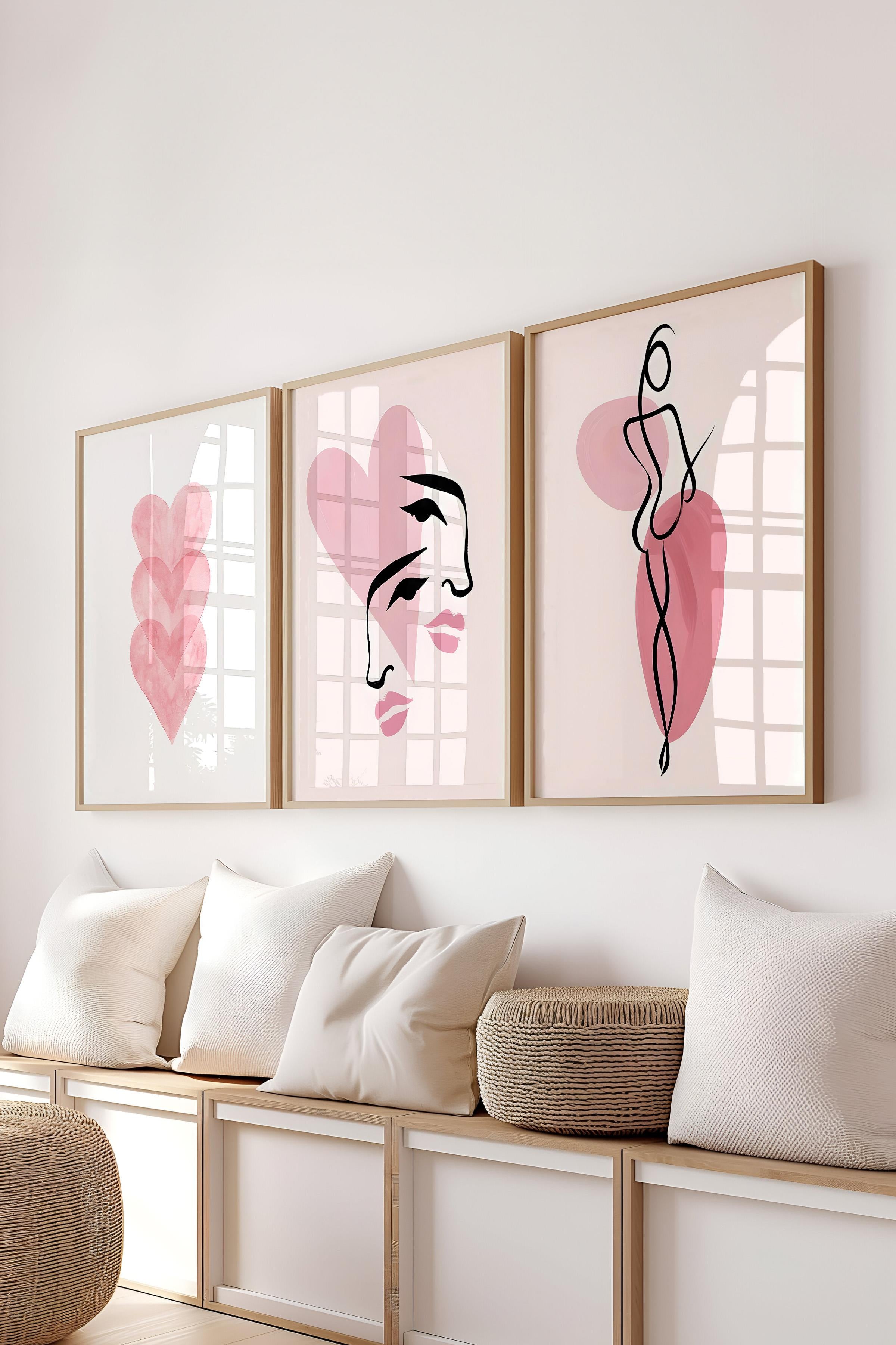 Ahşap Çerçeveli Tablo Seti, Pembe Duvar Tablosu, 3 Adet Poster Seti, No:300749