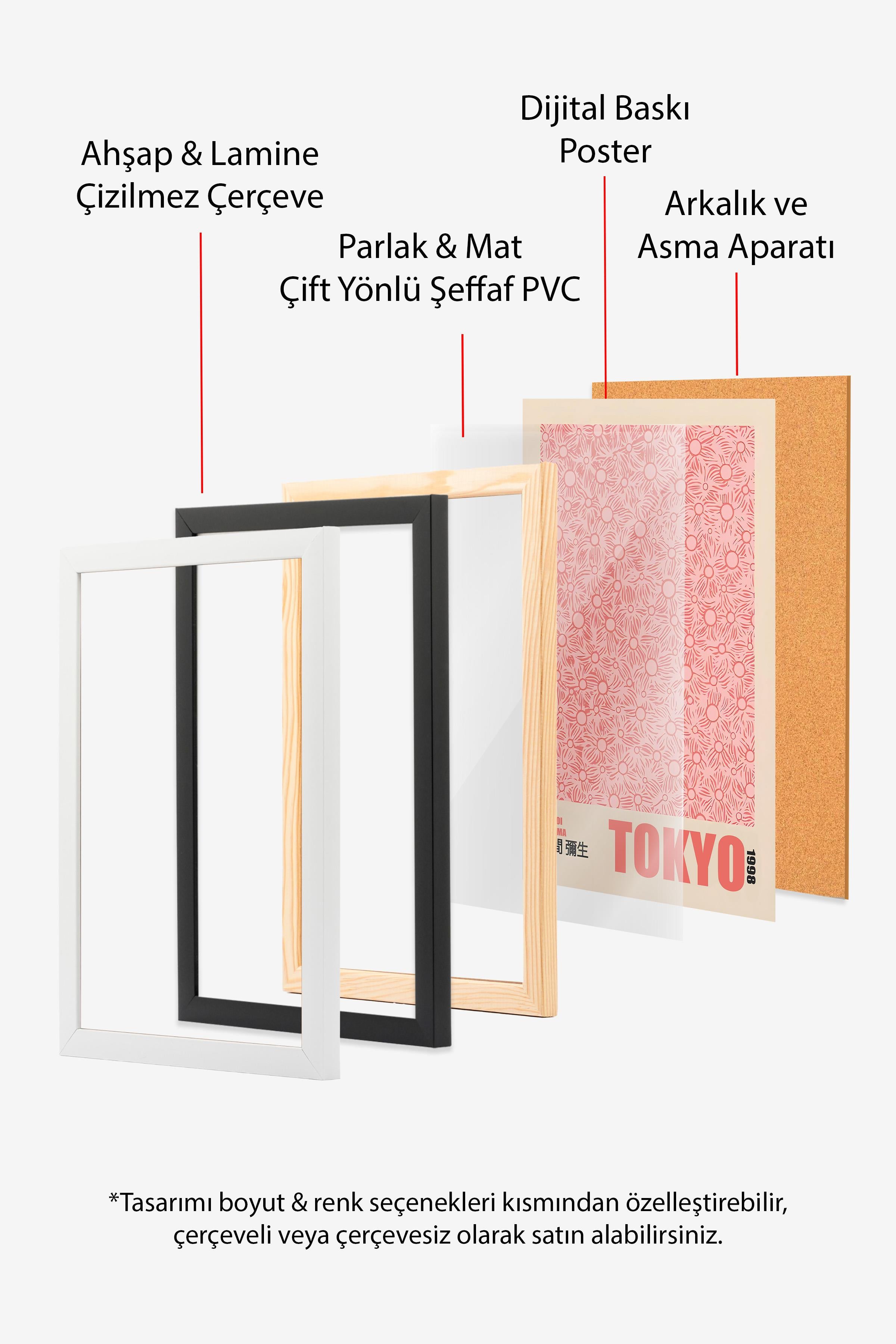 Ahşap Çerçeveli Tablo Seti, Pembe Duvar Tablosu, 3 Adet Poster Seti, No:300755