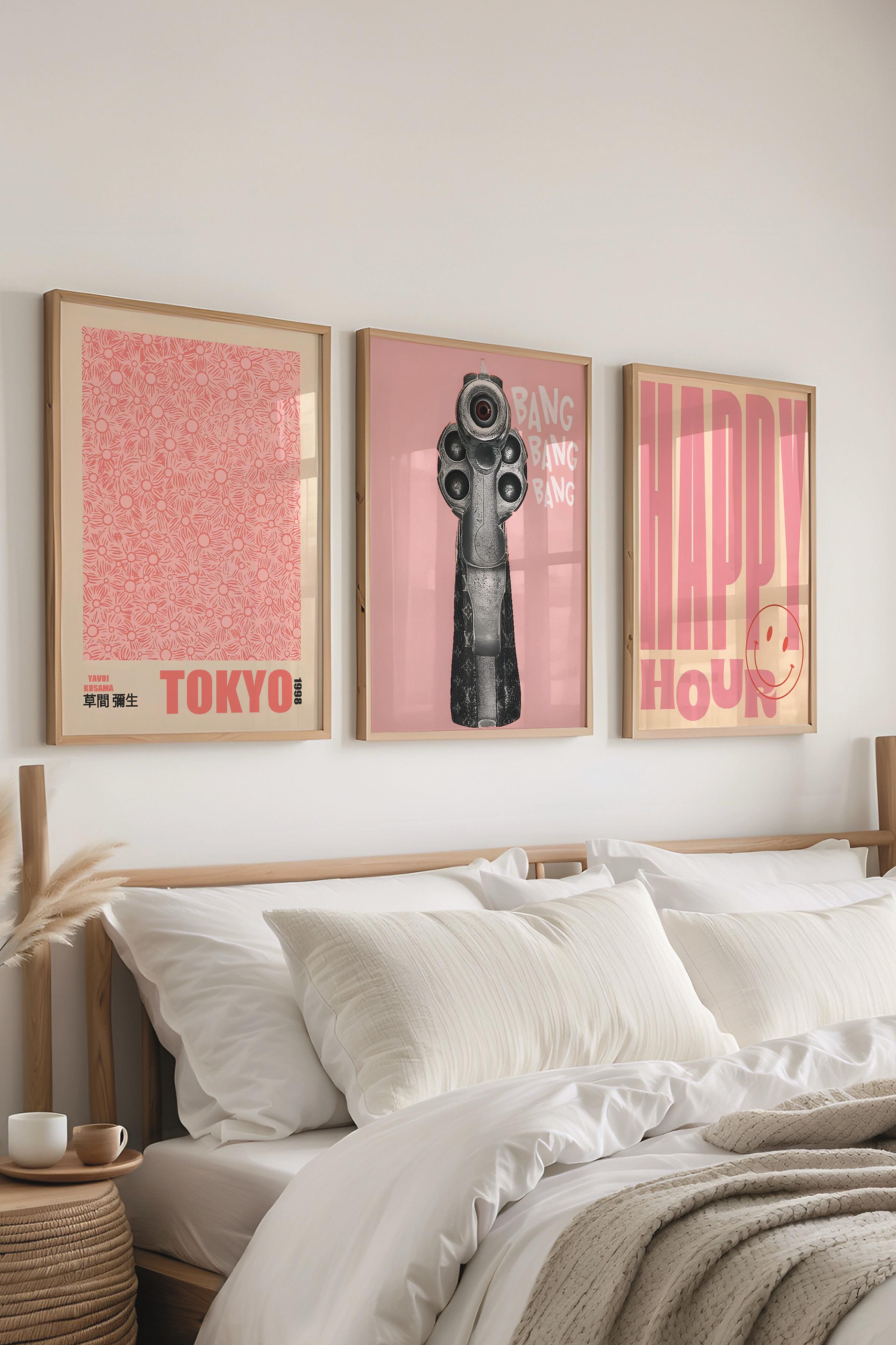 Ahşap Çerçeveli Tablo Seti, Pembe Duvar Tablosu, 3 Adet Poster Seti, No:300755