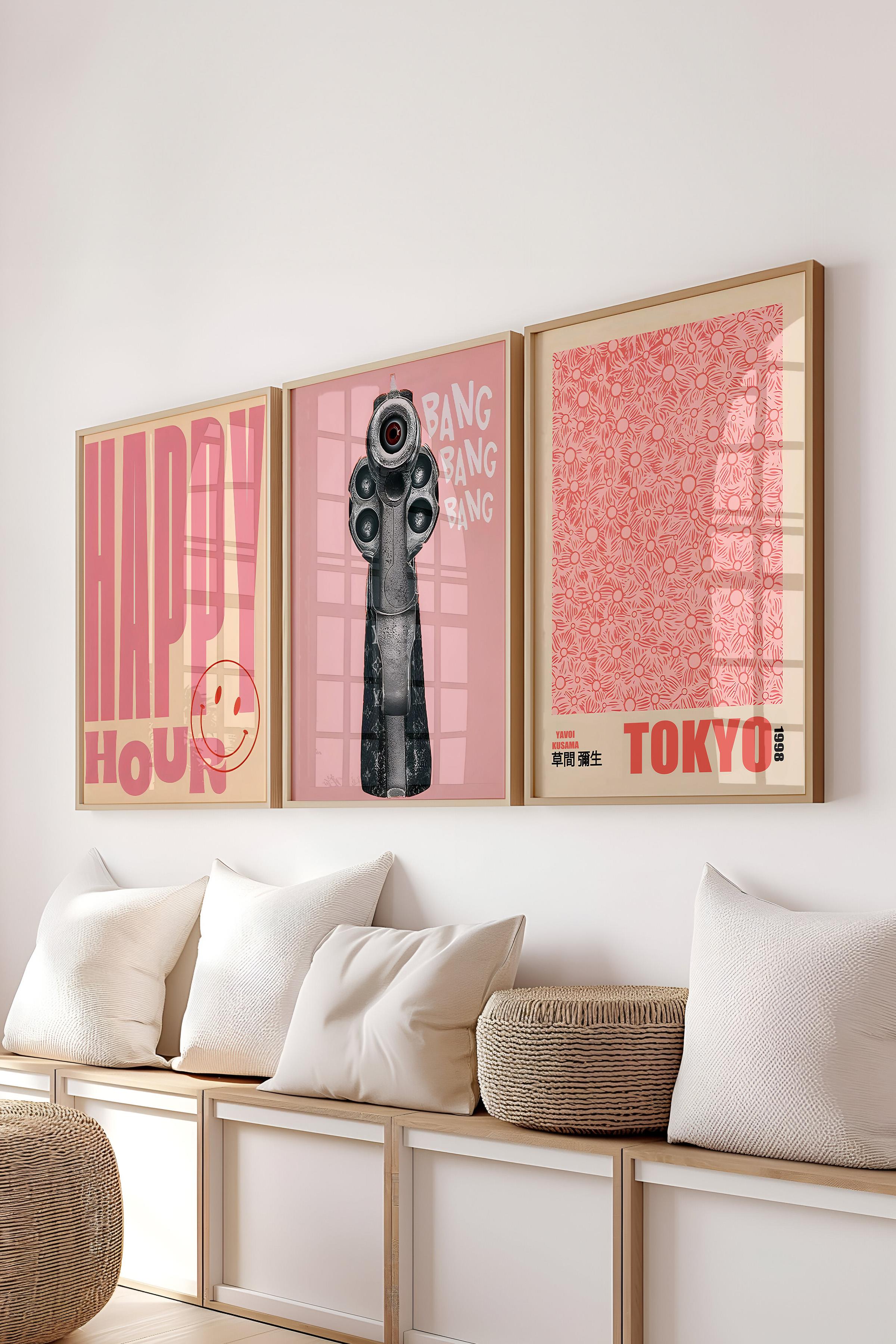 Ahşap Çerçeveli Tablo Seti, Pembe Duvar Tablosu, 3 Adet Poster Seti, No:300755