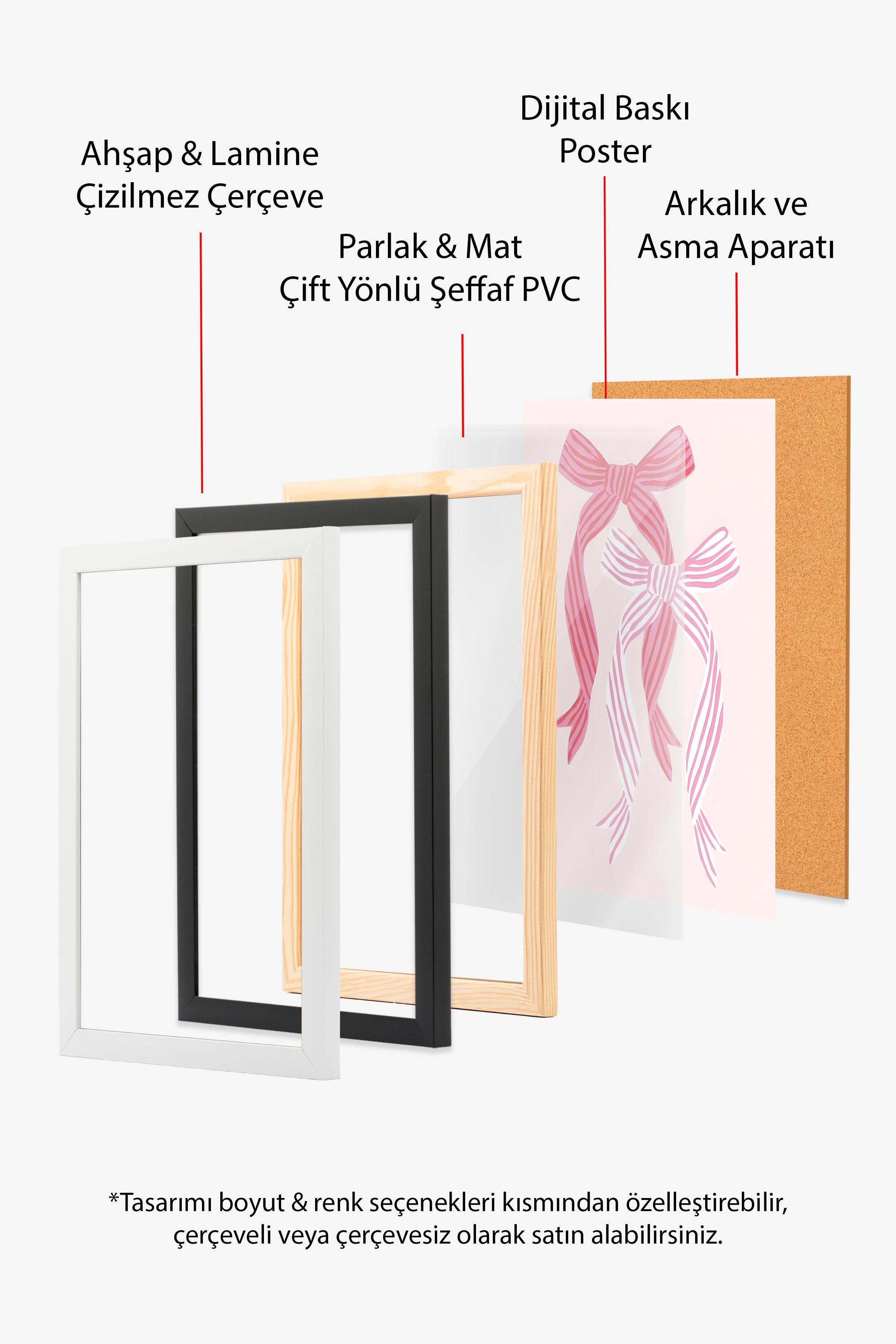 Ahşap Çerçeveli Tablo Seti, Pembe İllustrasyon Duvar Tablosu, 3 Adet Poster Seti, No:300788