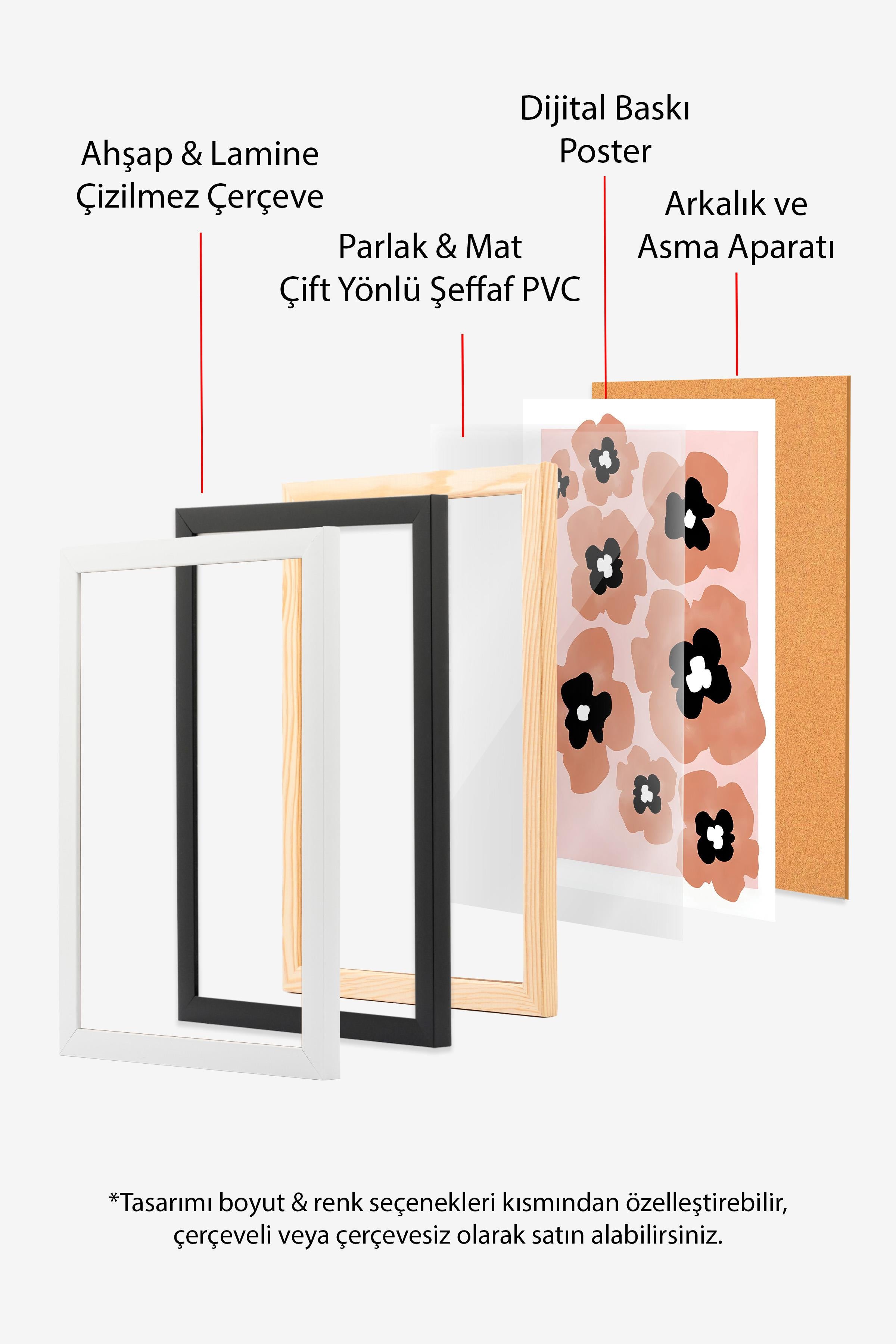 Ahşap Çerçeveli Tablo Seti, Pembe Karma Duvar Tablosu, 3 Adet Poster Seti, No:300781
