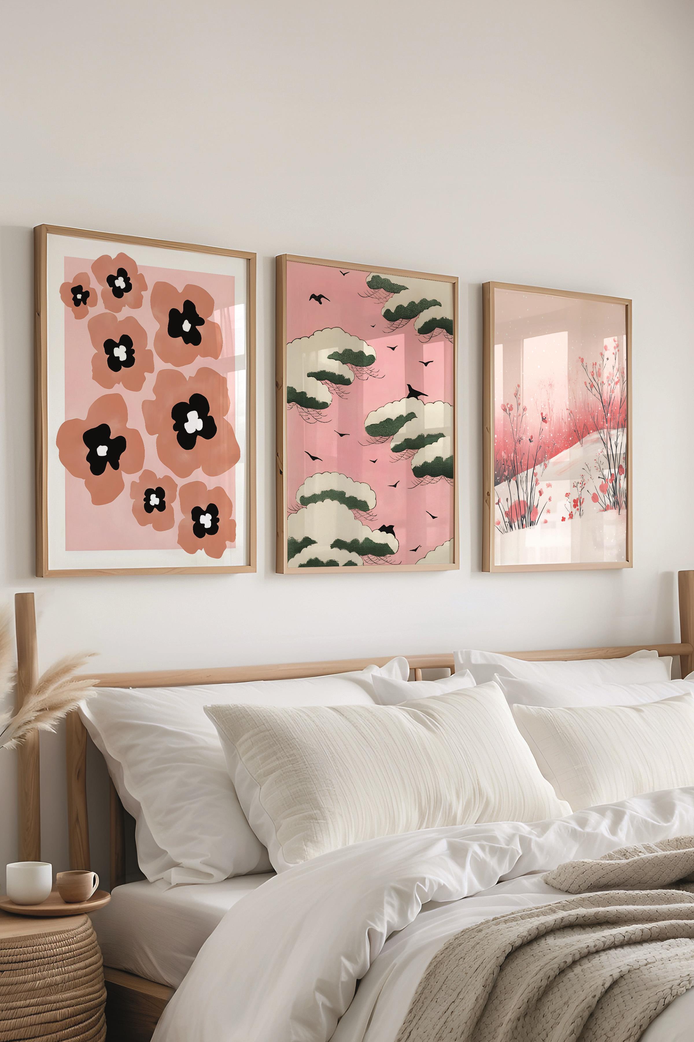 Ahşap Çerçeveli Tablo Seti, Pembe Karma Duvar Tablosu, 3 Adet Poster Seti, No:300781