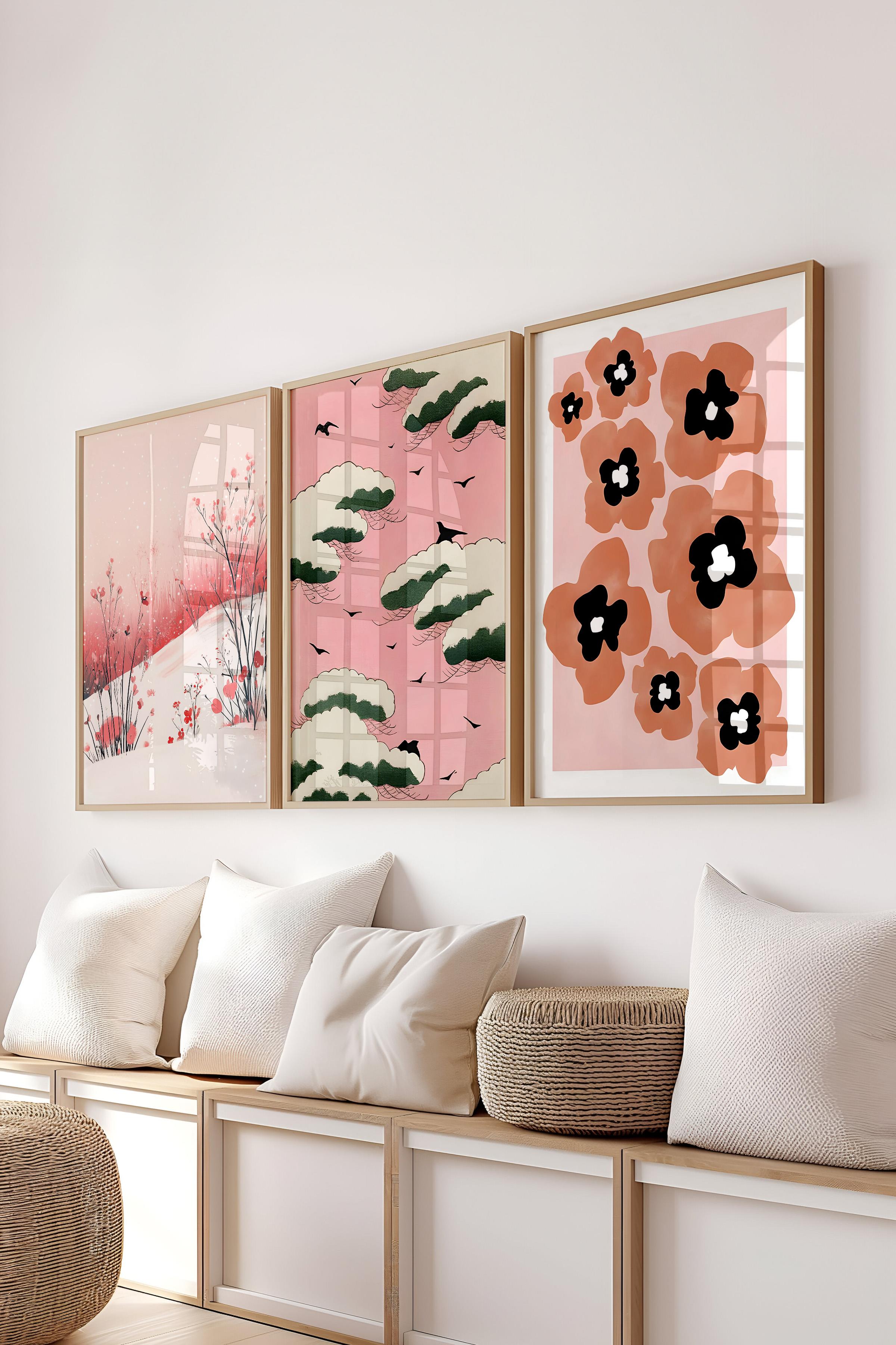 Ahşap Çerçeveli Tablo Seti, Pembe Karma Duvar Tablosu, 3 Adet Poster Seti, No:300781