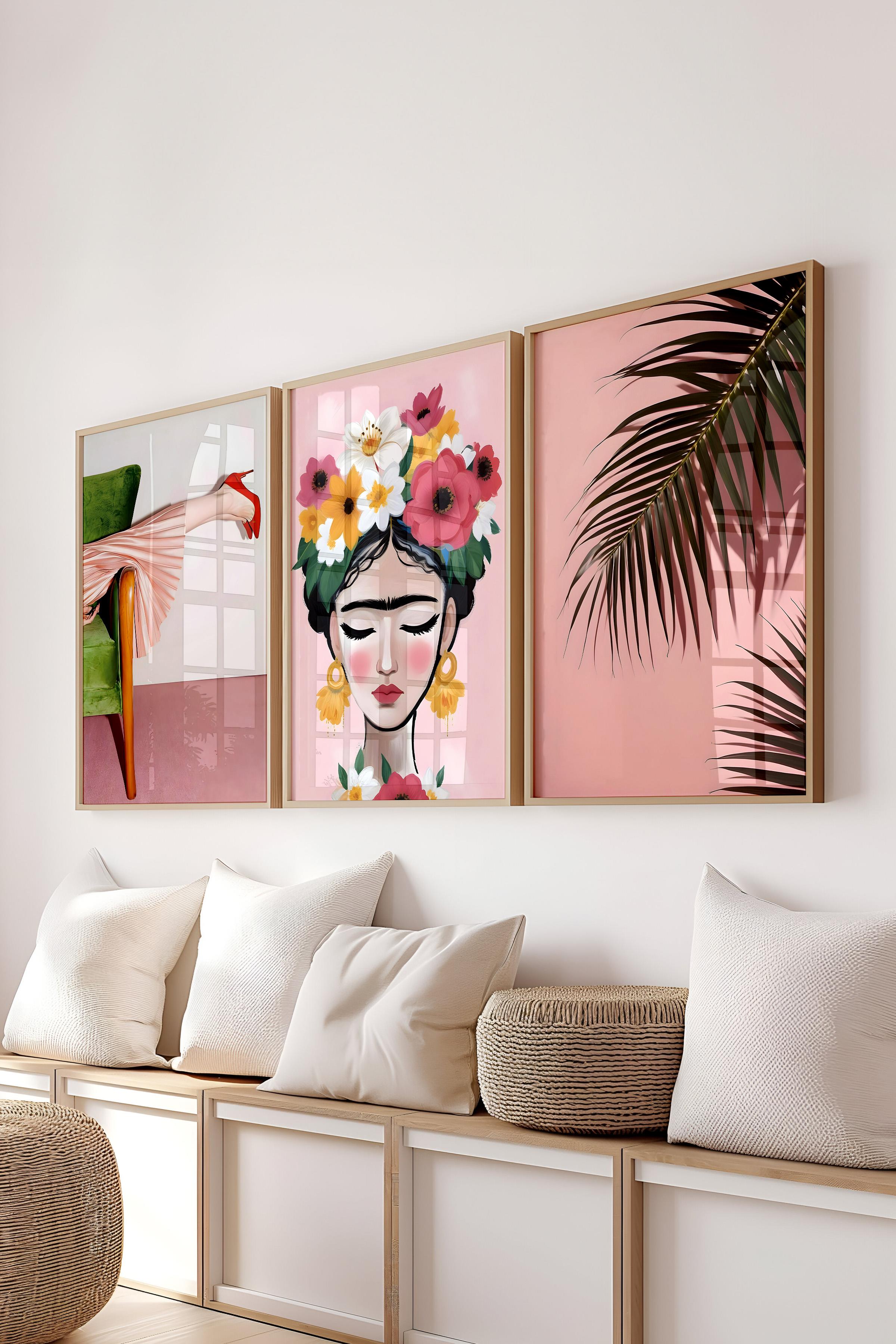 Ahşap Çerçeveli Tablo Seti, Pembe Maximalist Duvar Tablosu, 3 Adet Poster Seti, No:300782