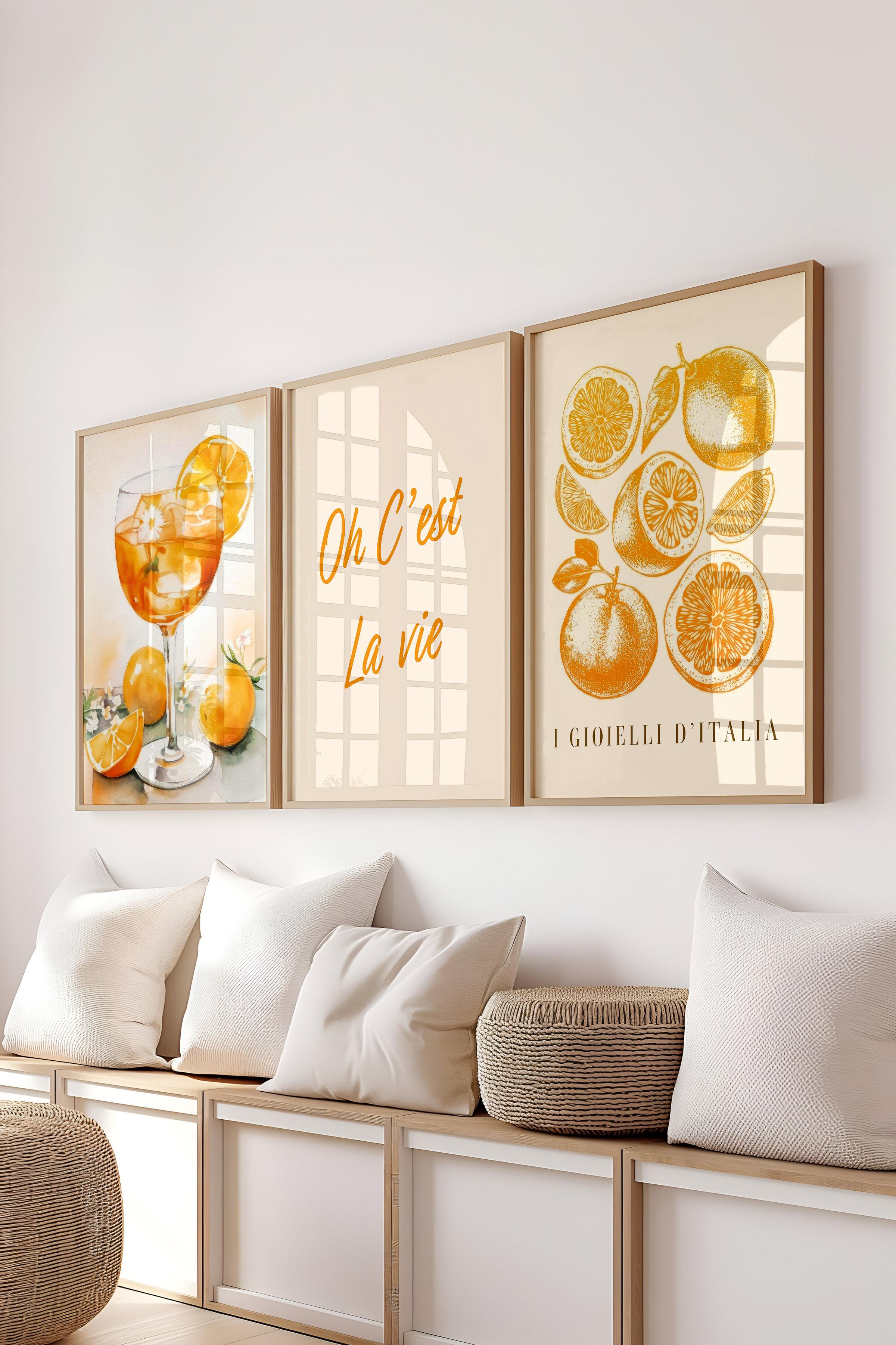 Ahşap Çerçeveli Tablo Seti, Sarı Mutfak Duvar Tablosu, 3 Adet Poster Seti, No:300766