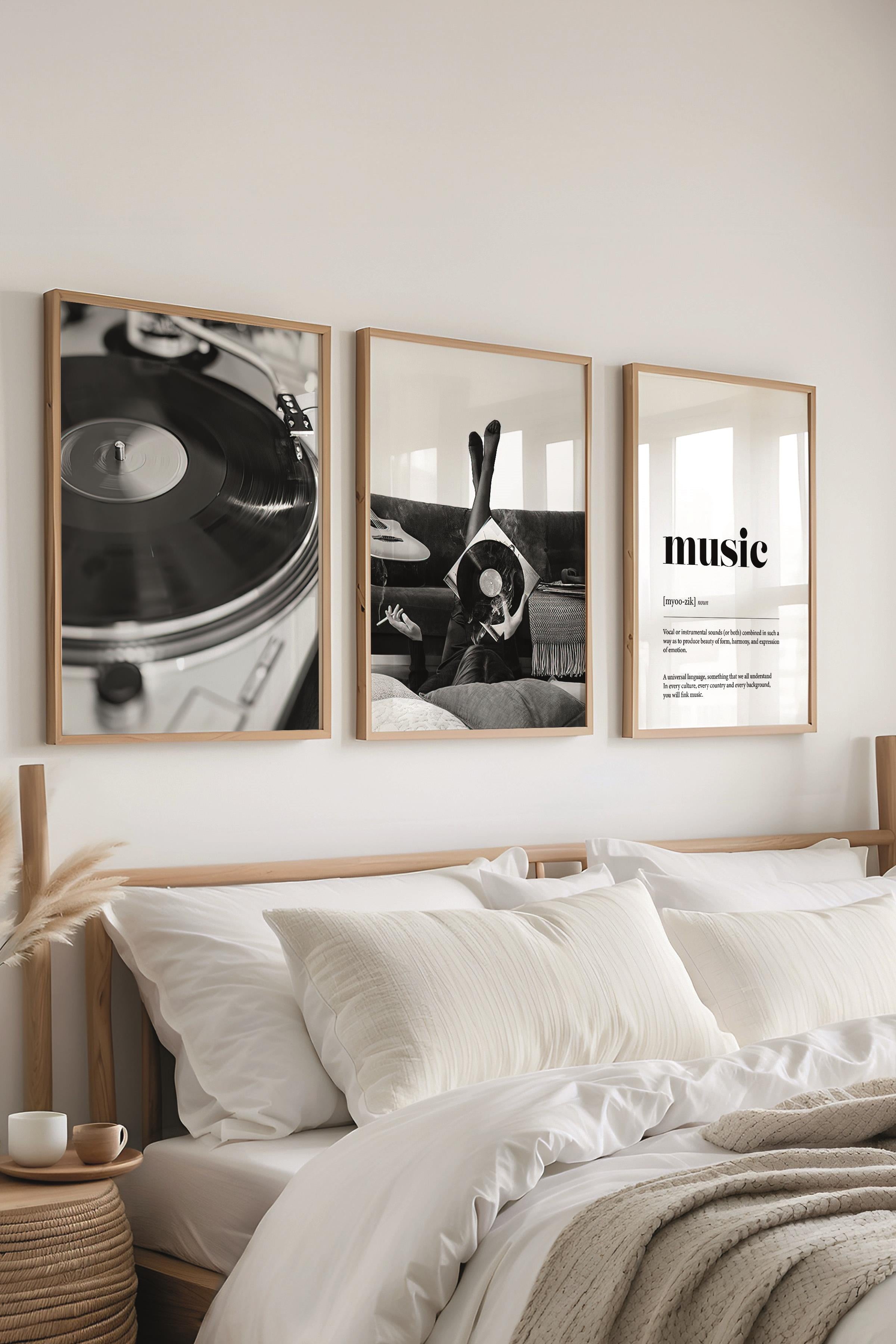 Ahşap Çerçeveli Tablo Seti, Siyah Beyaz Müzik Duvar Tablosu, 3 Adet Poster Seti, No:300720