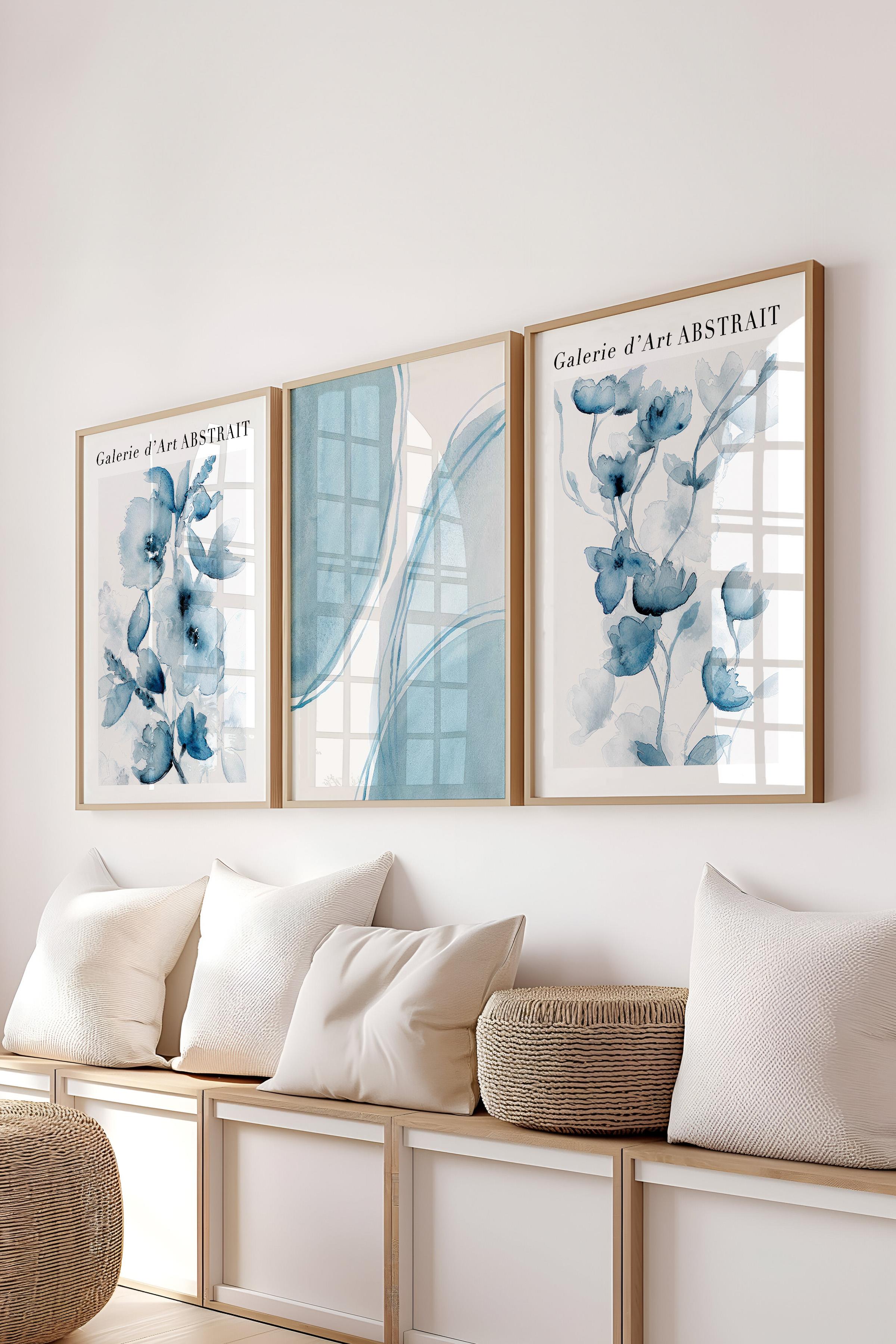 Ahşap Çerçeveli Tablo Seti, Soft Açık Mavi Duvar Tablosu, 3 Adet Poster Seti, No:300775