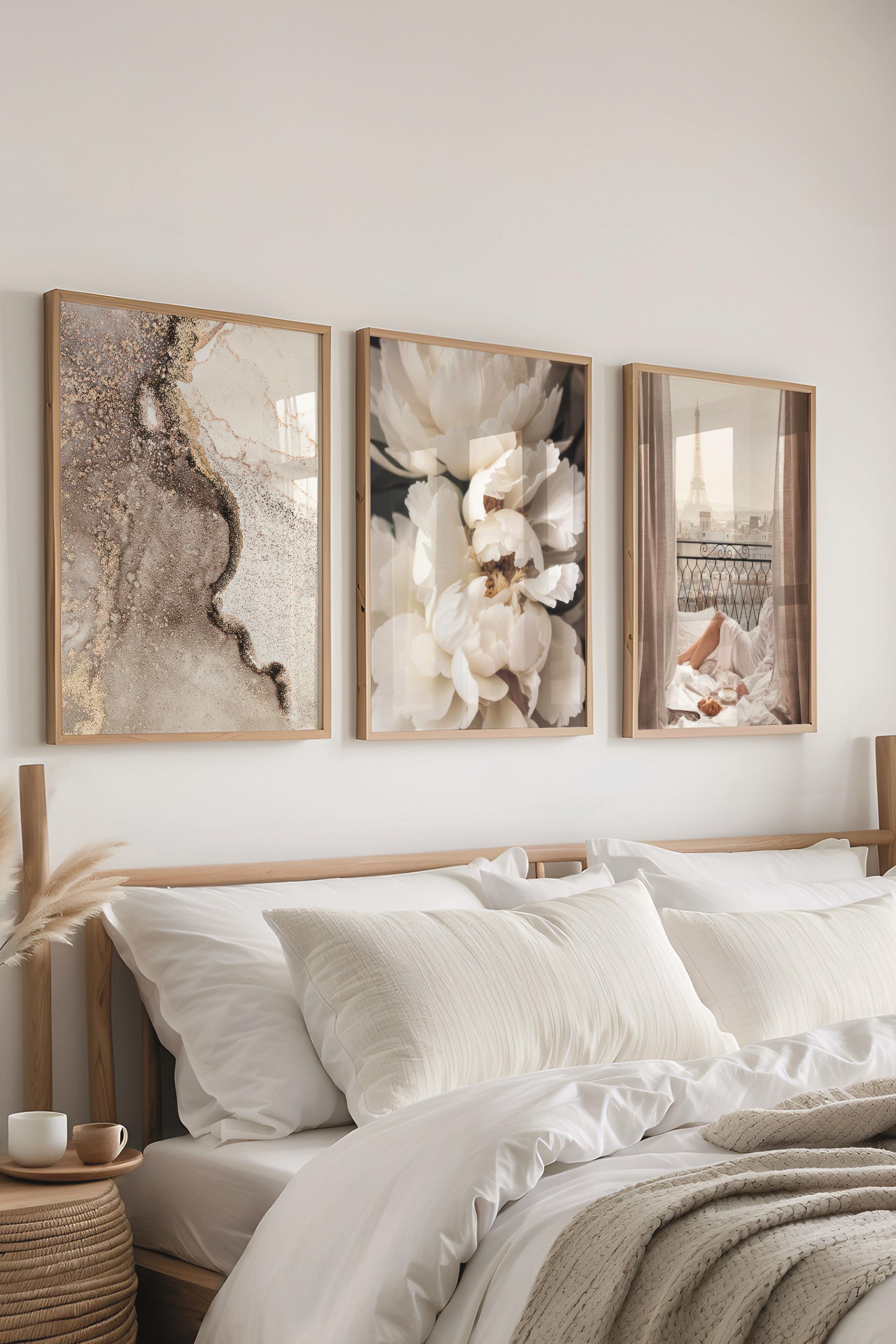 Ahşap Çerçeveli Tablo Seti, Soft Bej Duvar Tablosu, 3 Adet Poster Seti, No:300730