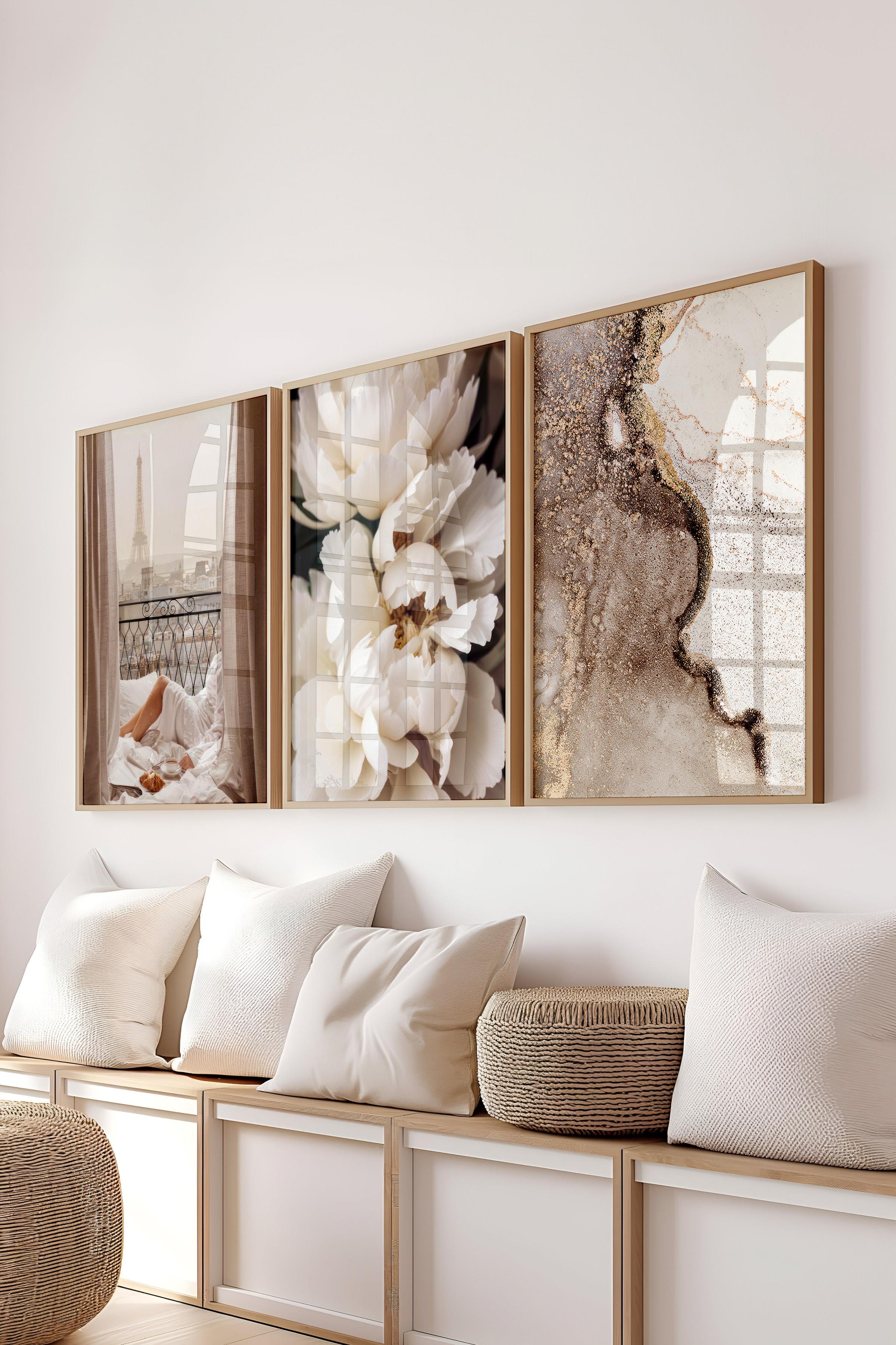 Ahşap Çerçeveli Tablo Seti, Soft Bej Duvar Tablosu, 3 Adet Poster Seti, No:300730
