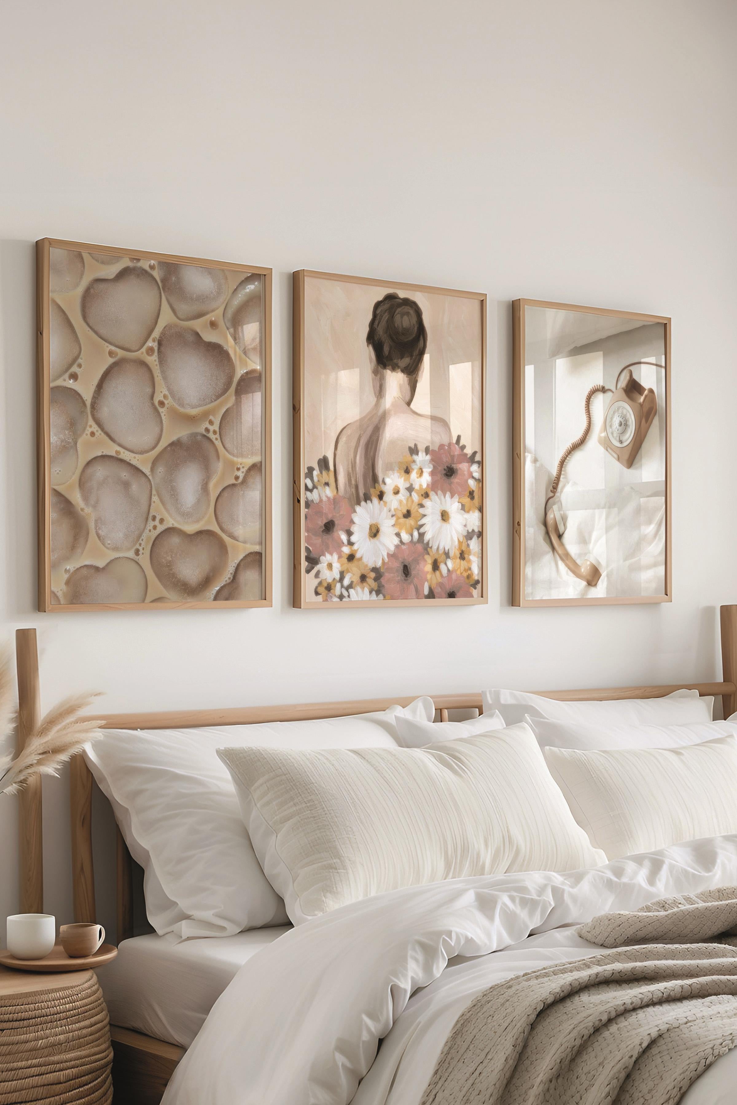 Ahşap Çerçeveli Tablo Seti, Soft Bej Duvar Tablosu, 3 Adet Poster Seti, No:300731
