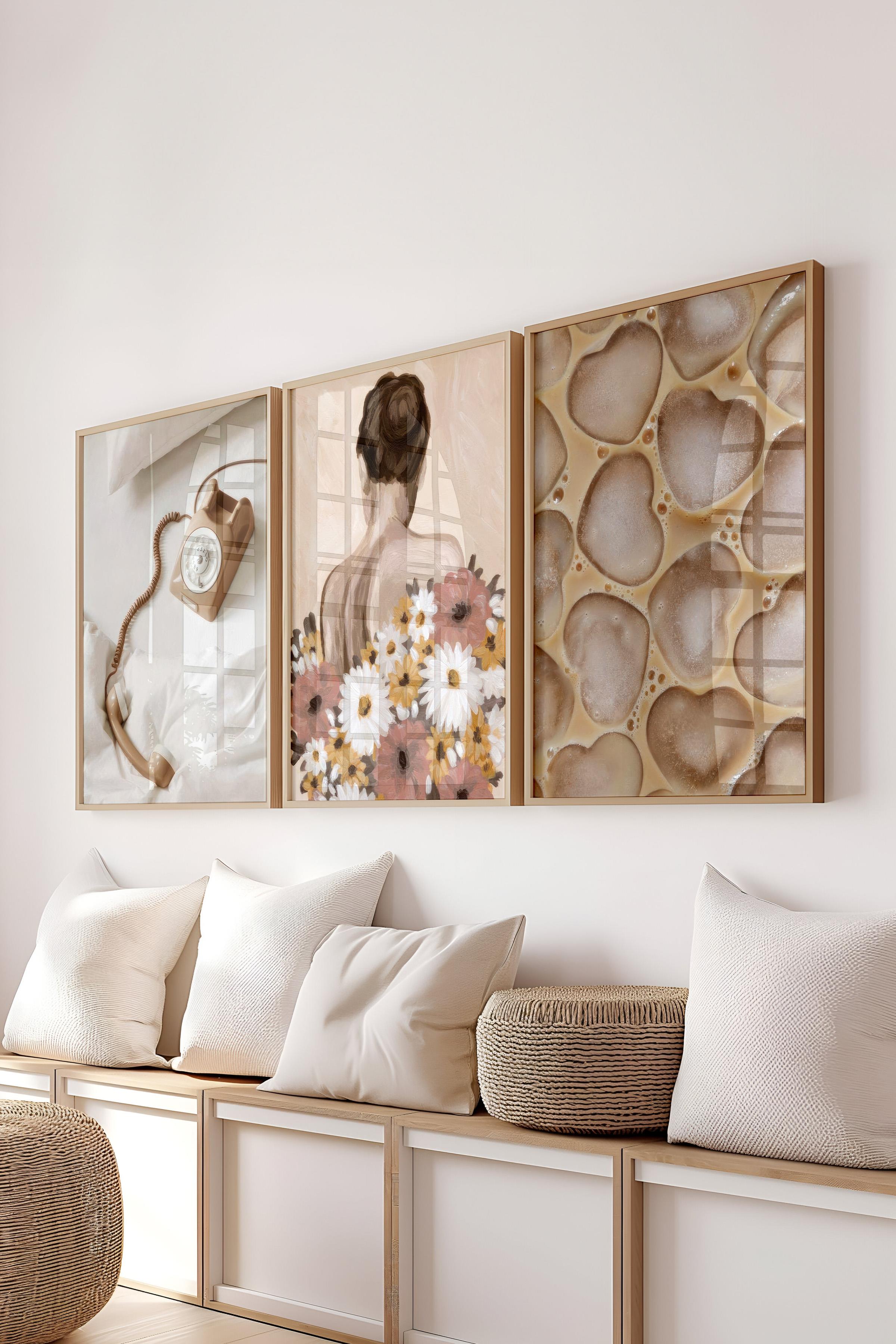 Ahşap Çerçeveli Tablo Seti, Soft Bej Duvar Tablosu, 3 Adet Poster Seti, No:300731